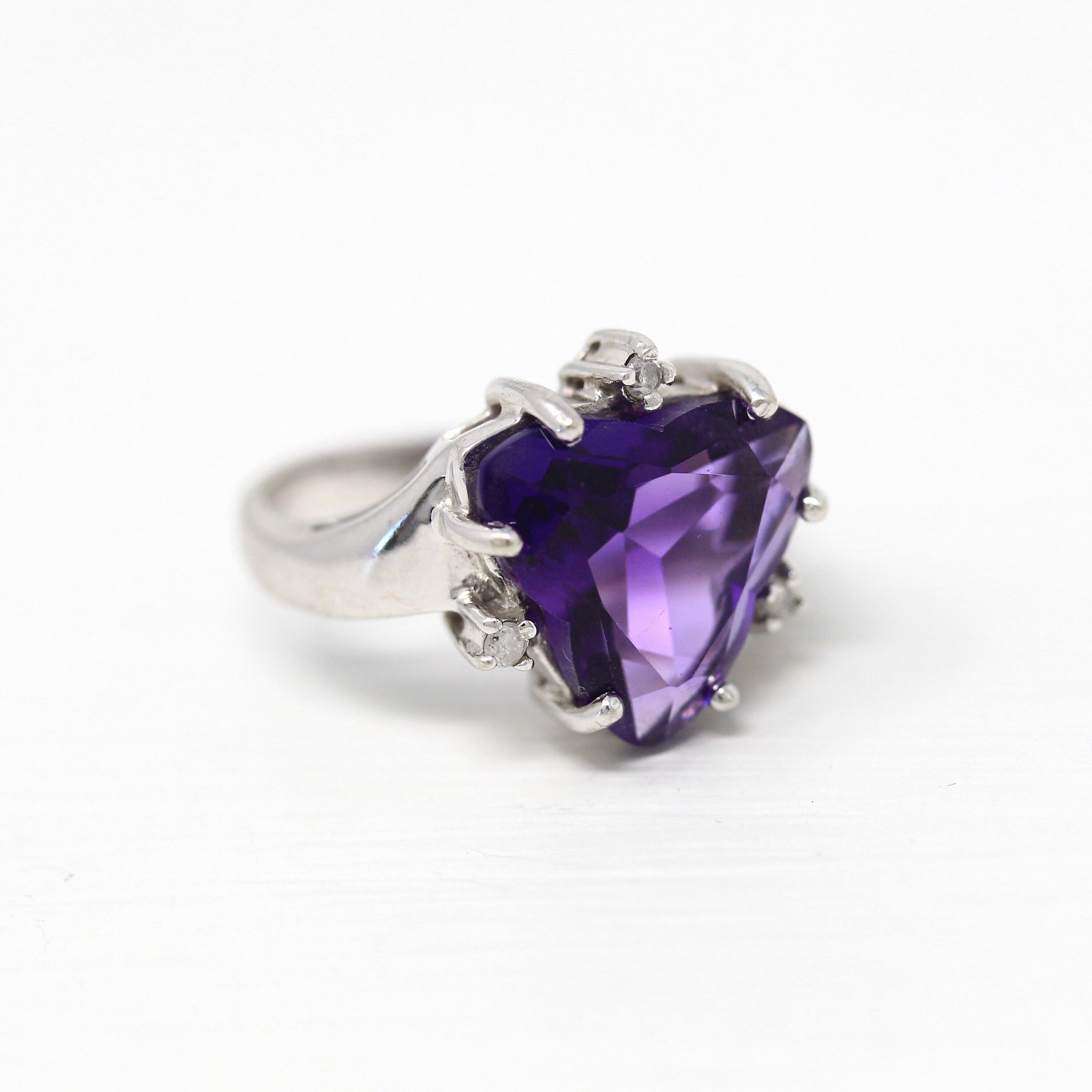 Sale - Genuine Amethyst Ring - Modern 10k White Gold Fancy Cut Purple Gem - Estate Circa 2000s Size 6 Diamond February Birthstone Jewelry