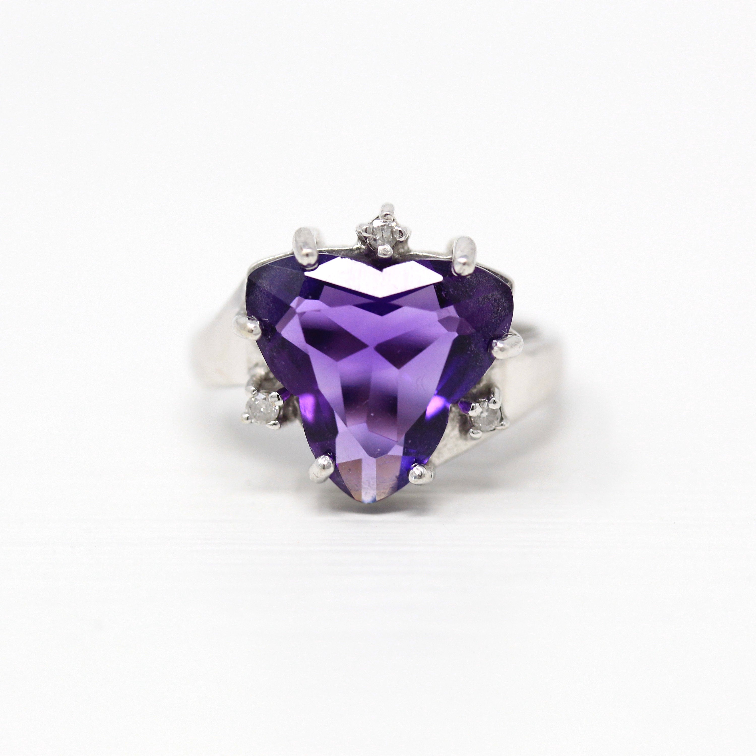 Sale - Genuine Amethyst Ring - Modern 10k White Gold Fancy Cut Purple Gem - Estate Circa 2000s Size 6 Diamond February Birthstone Jewelry