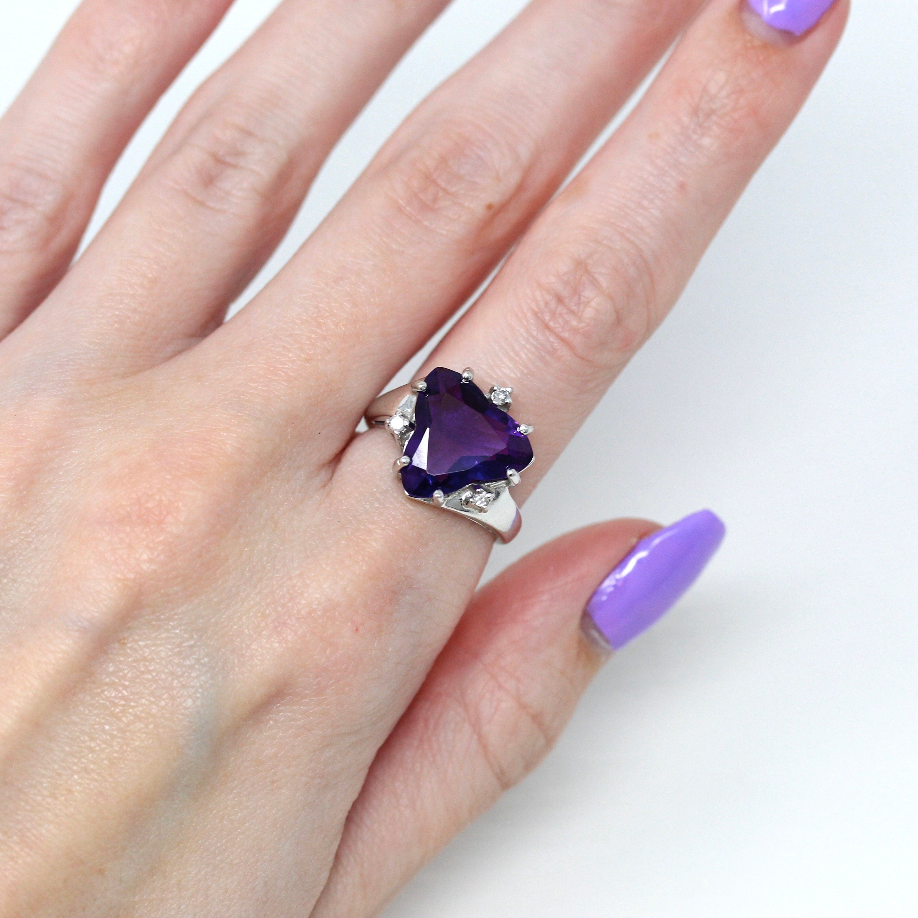 Sale - Genuine Amethyst Ring - Modern 10k White Gold Fancy Cut Purple Gem - Estate Circa 2000s Size 6 Diamond February Birthstone Jewelry