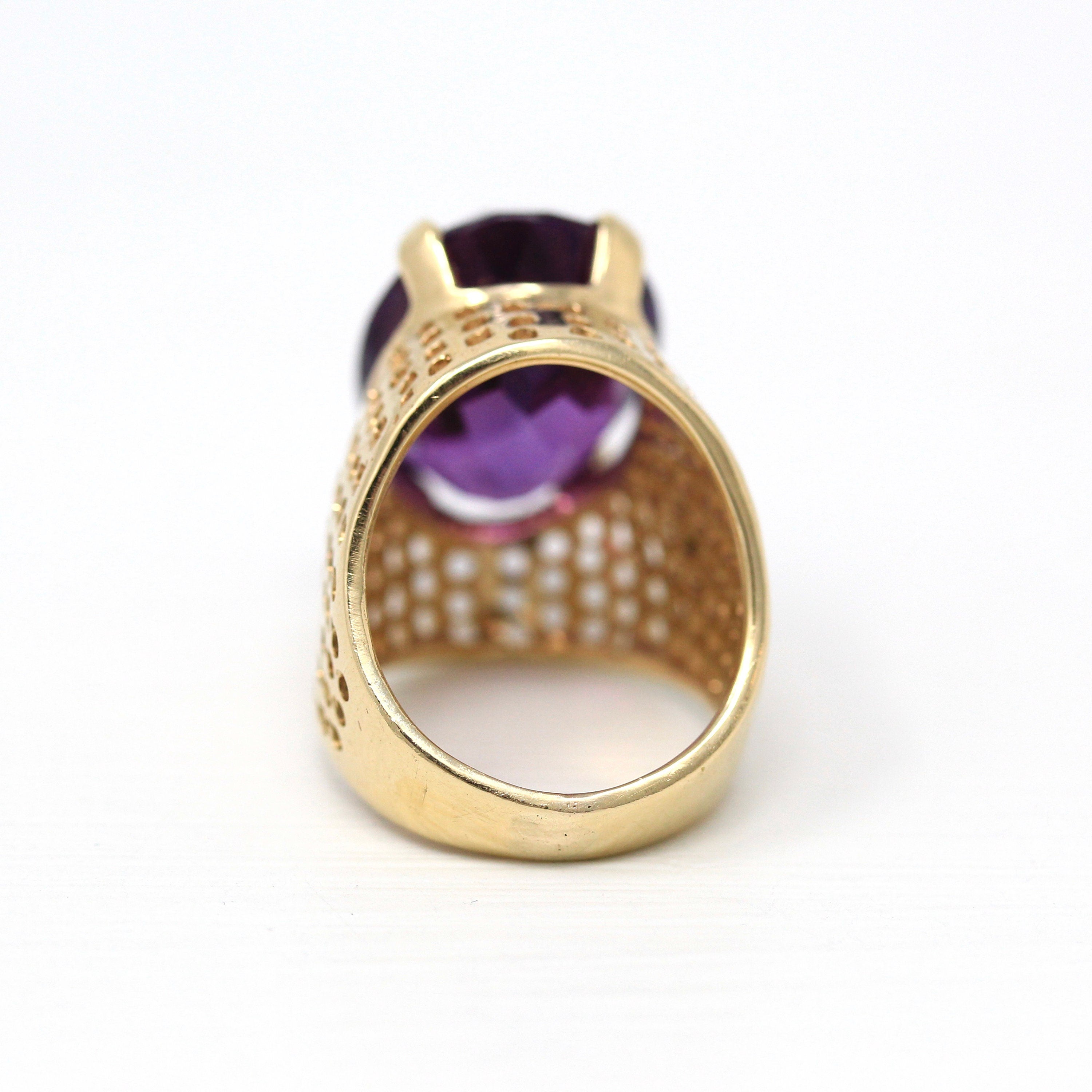 Sale - Amethyst Cocktail Ring - Retro 14k Yellow Gold Oval Cut 9.56 CT Purple Gem - Vintage Circa 1970s Era Size 4.5 Statement Fine Jewelry