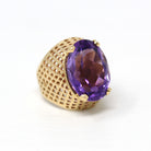 Sale - Amethyst Cocktail Ring - Retro 14k Yellow Gold Oval Cut 9.56 CT Purple Gem - Vintage Circa 1970s Era Size 4.5 Statement Fine Jewelry