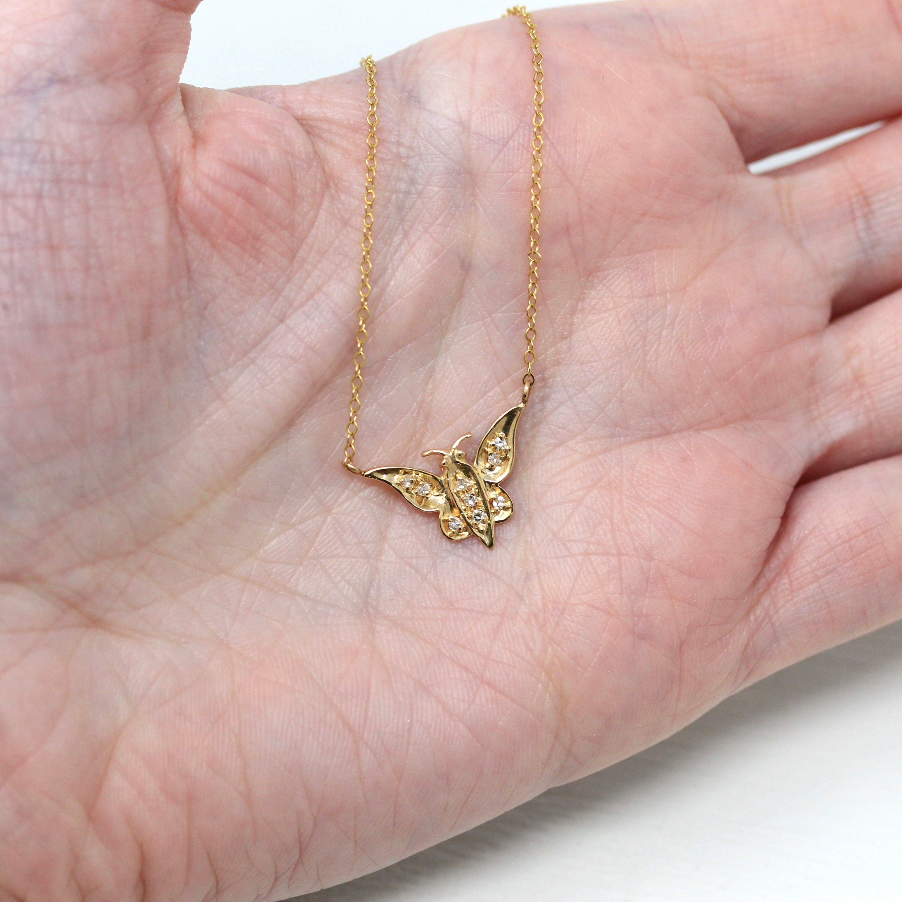 Sale - Modern Butterfly Necklace - Estate 14k Yellow Gold Winged Insect - Circa 1980S Era Genuine .045 CTW Diamonds Conversion Fine Jewelry