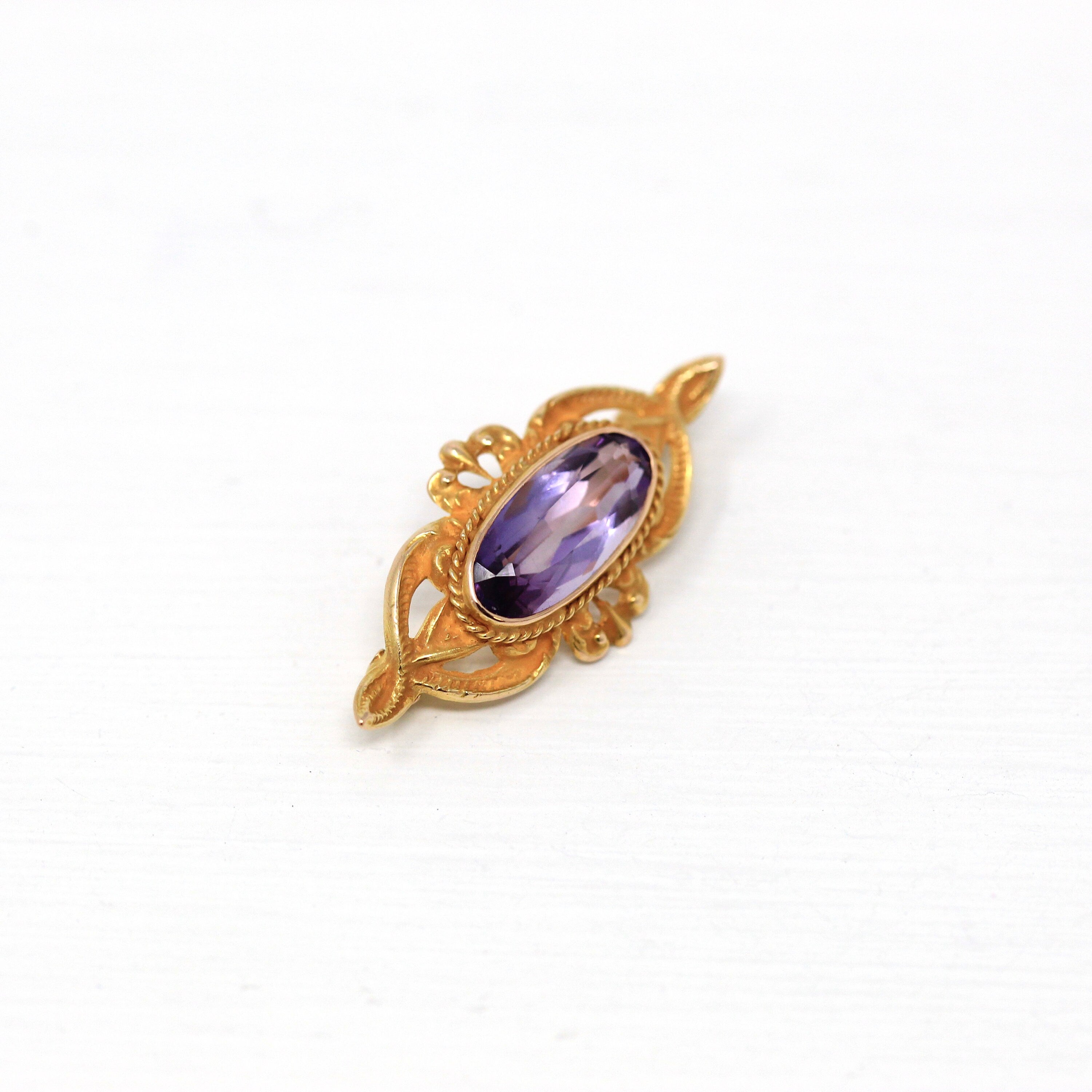 Sale - Art Nouveau Brooch - Antique 14k Yellow Gold Genuine 1.7 CT Amethyst Oval Gem - Circa 1900s Edwardian Era Pin Accessory Fine Jewelry