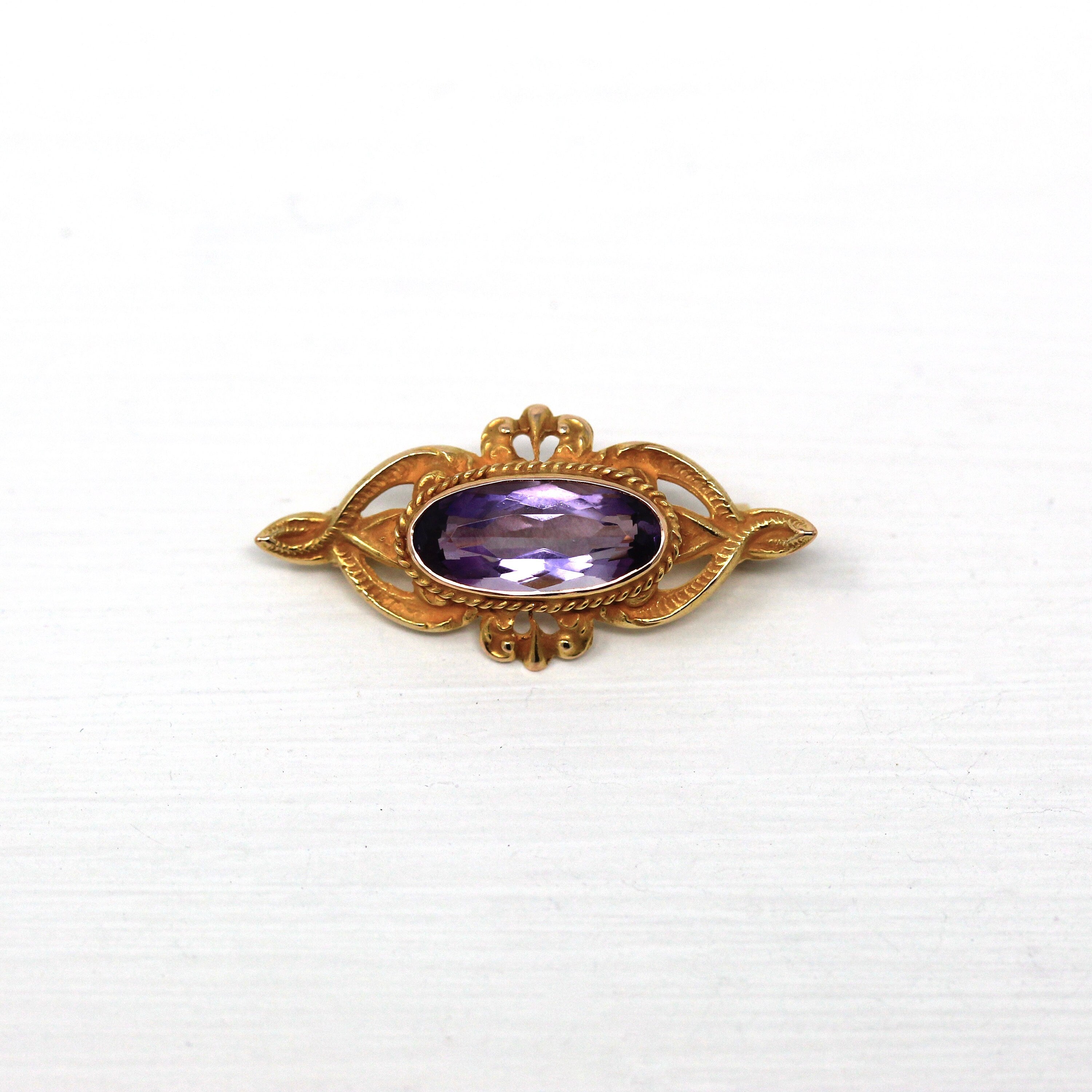 Sale - Art Nouveau Brooch - Antique 14k Yellow Gold Genuine 1.7 CT Amethyst Oval Gem - Circa 1900s Edwardian Era Pin Accessory Fine Jewelry