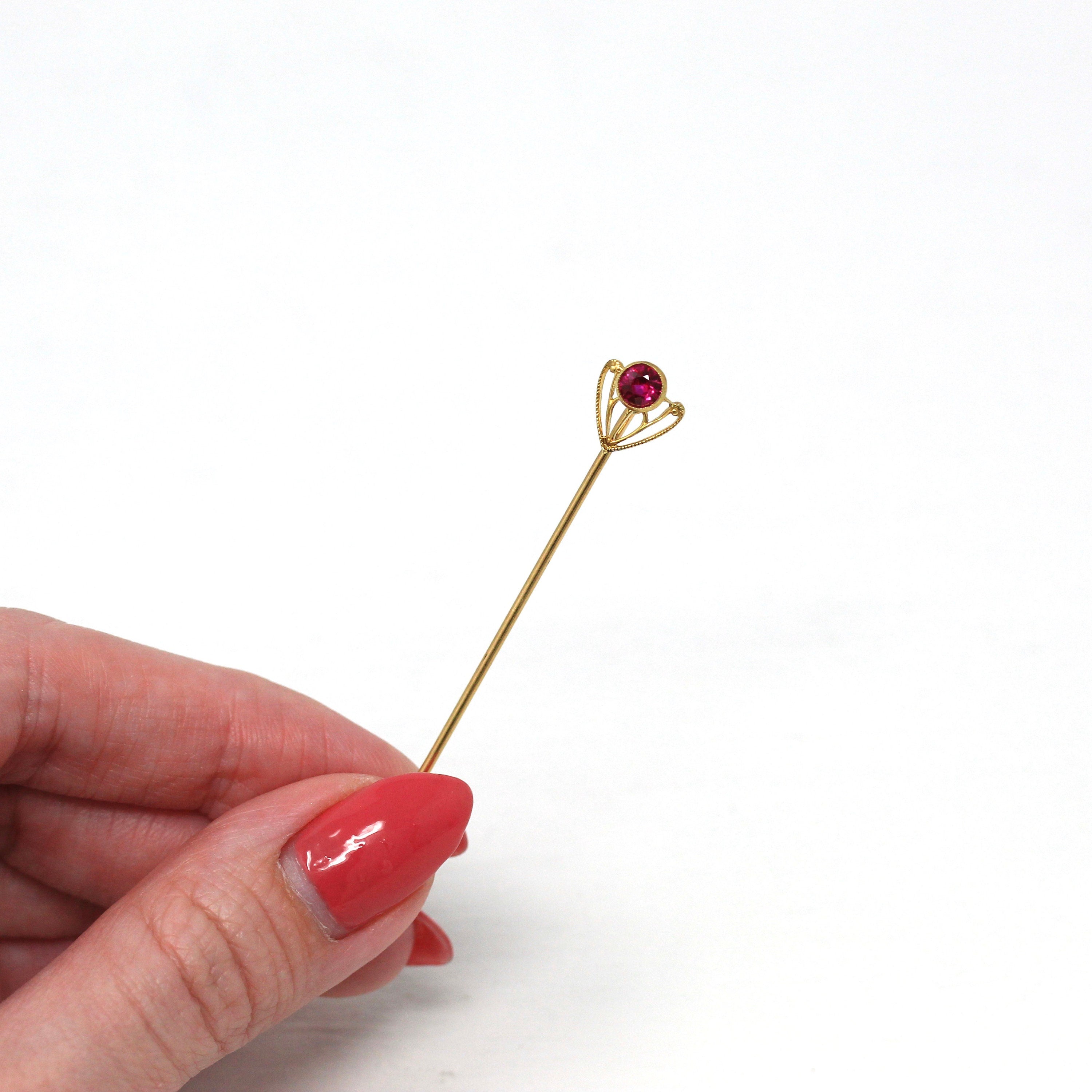 Sale - Antique Stick Pin - Art Deco Created Ruby Red Gem 14k Yellow Gold Heart - Circa 1910s Era Two Bezel Set July Birthstone Fine Jewelry