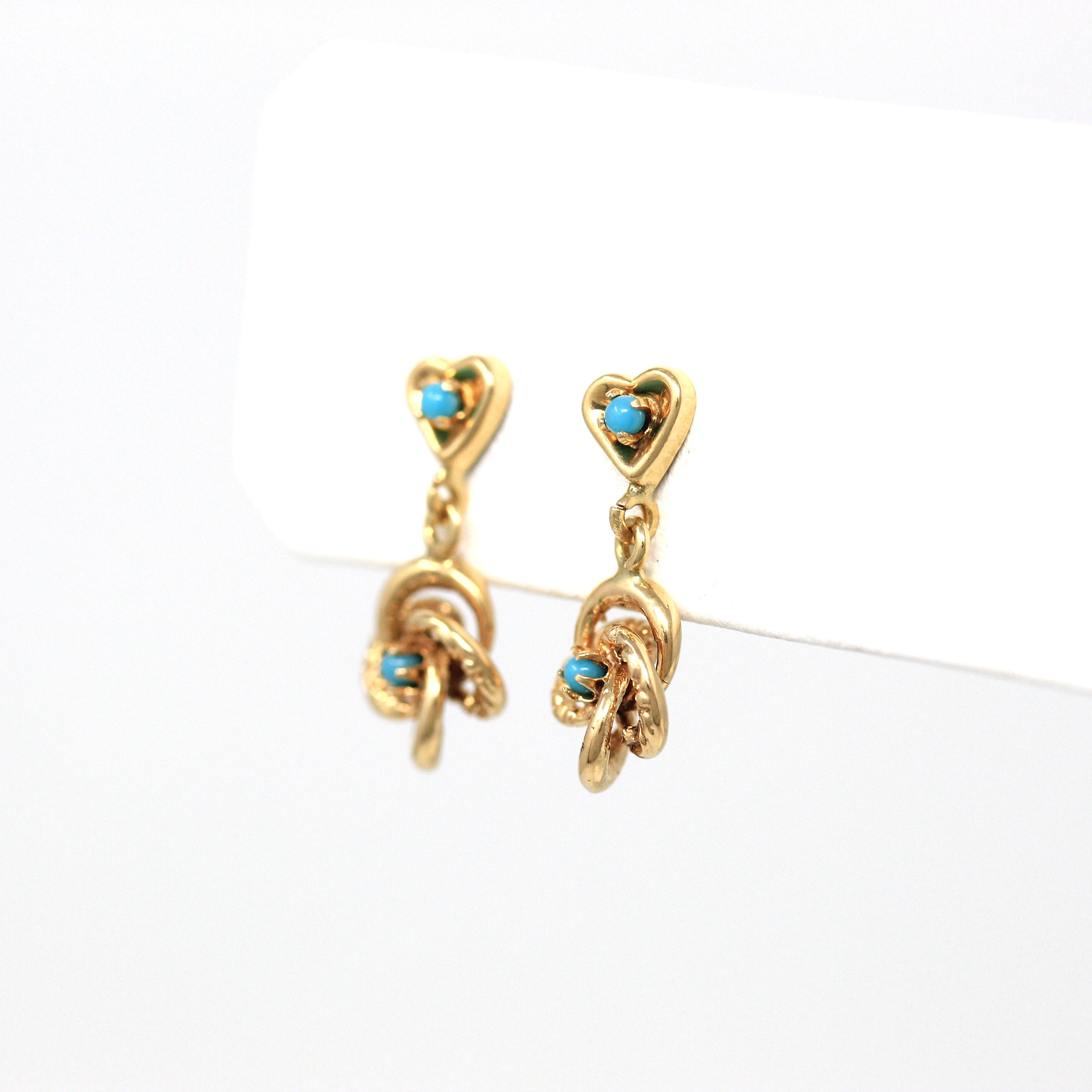 Sale - Simulated Turquoise Earrings - 14k Yellow Gold Heart Motif Pierced Posts Dangle - Victorian Revival 1960s Blue Love Knot Fine Jewelry