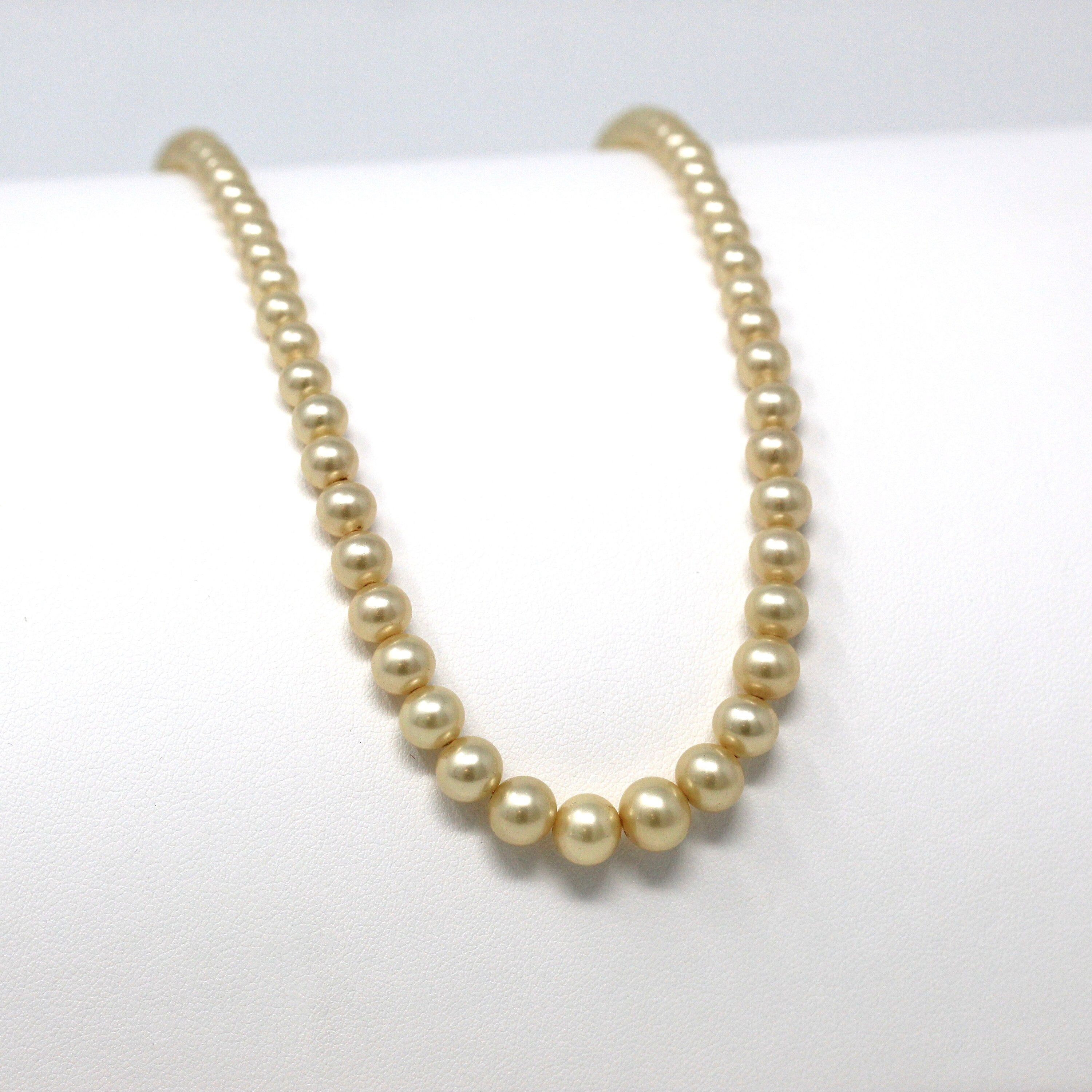 Sale - Simulated Pearl Necklace - Retro 14k Yellow Gold Fish Hook Graduated Single Strand - Vintage Circa 1940s Era 24 Inch 40s Fine Jewelry