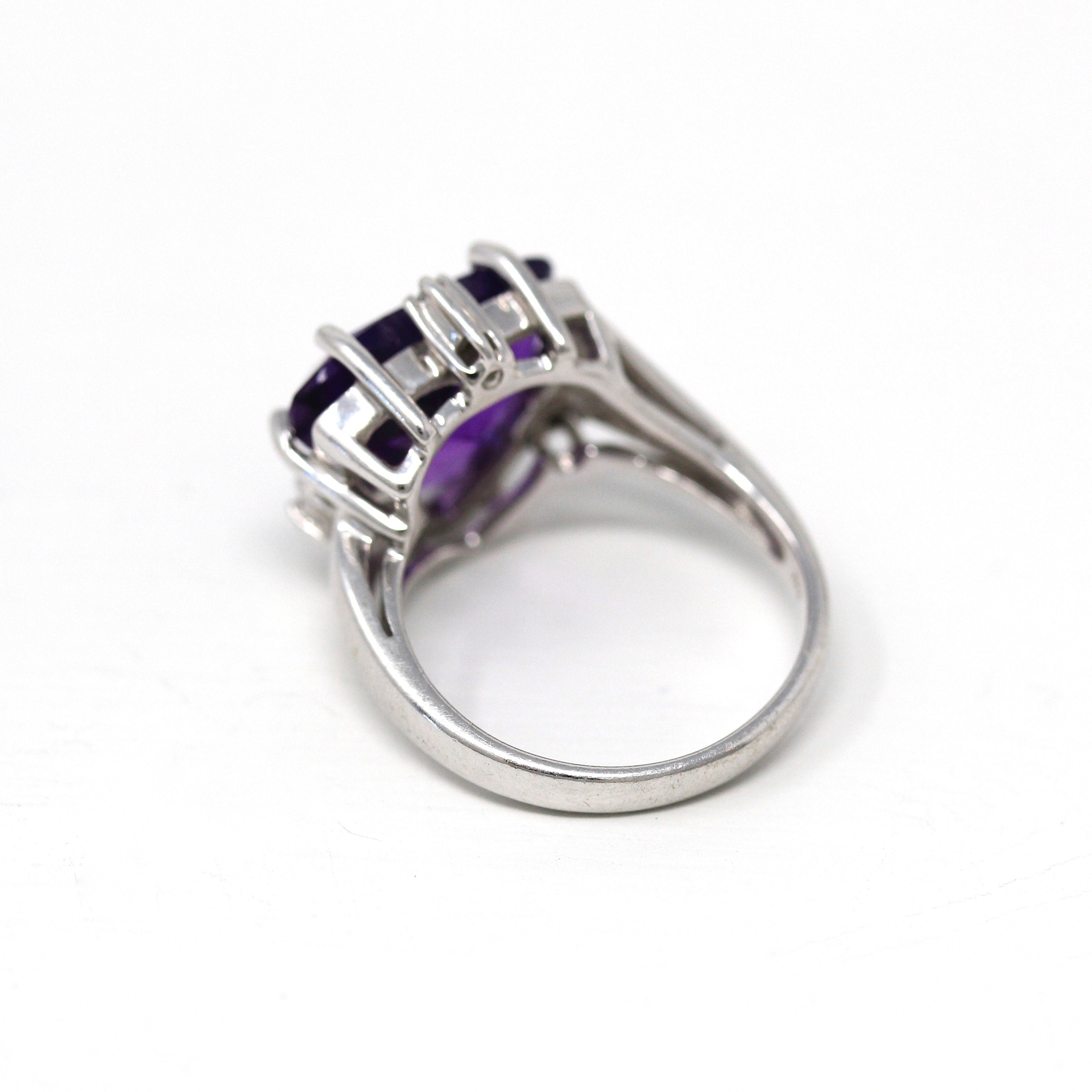 Sale - Genuine Amethyst Ring - Modern 10k White Gold Fancy Cut Purple Gem - Estate Circa 2000s Size 6 Diamond February Birthstone Jewelry