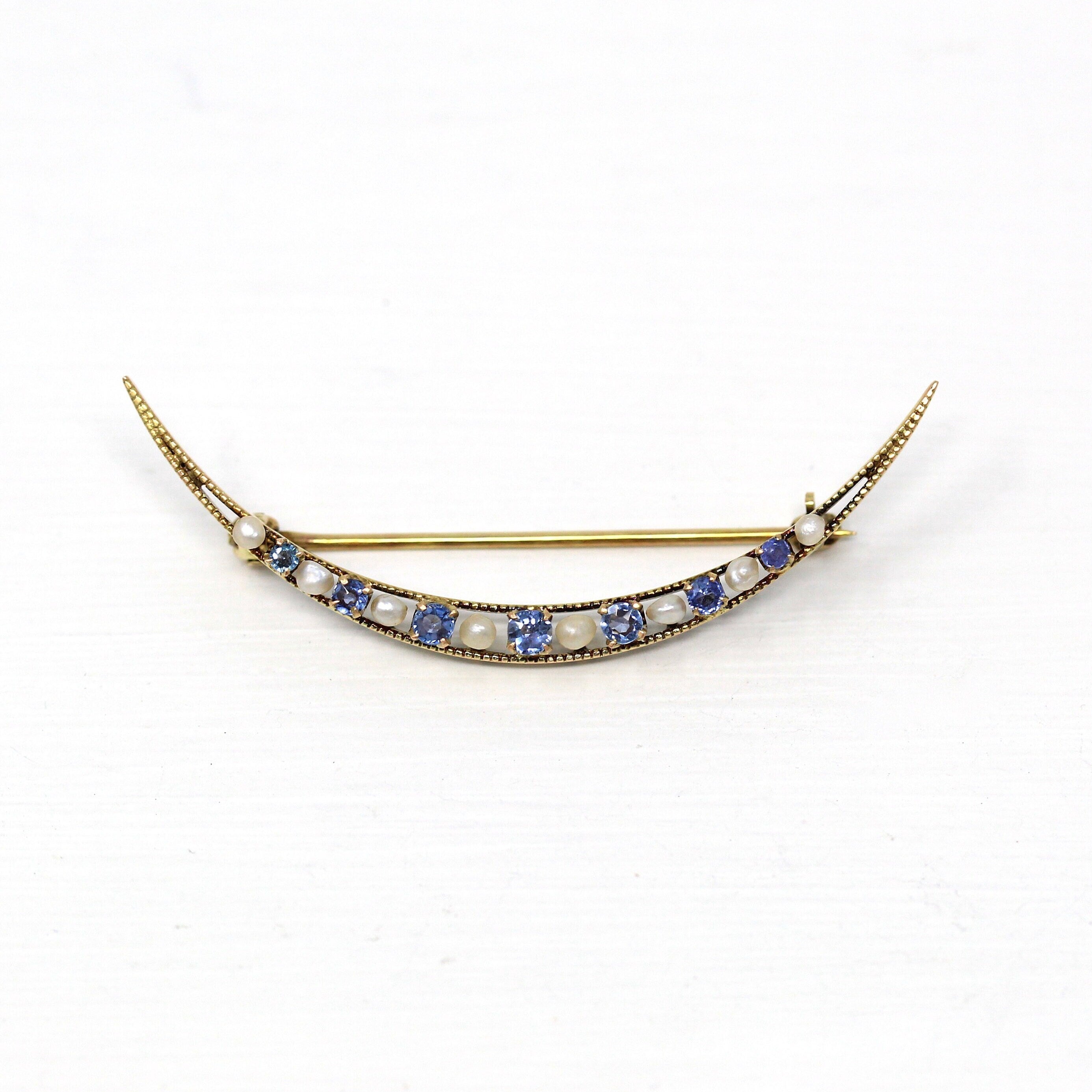 Sale - Crescent Moon Brooch - Edwardian 10k Yellow Gold Genuine Sapphires Seed Pearls Pin - Antique Circa 1910s Celestial Accessory Jewelry