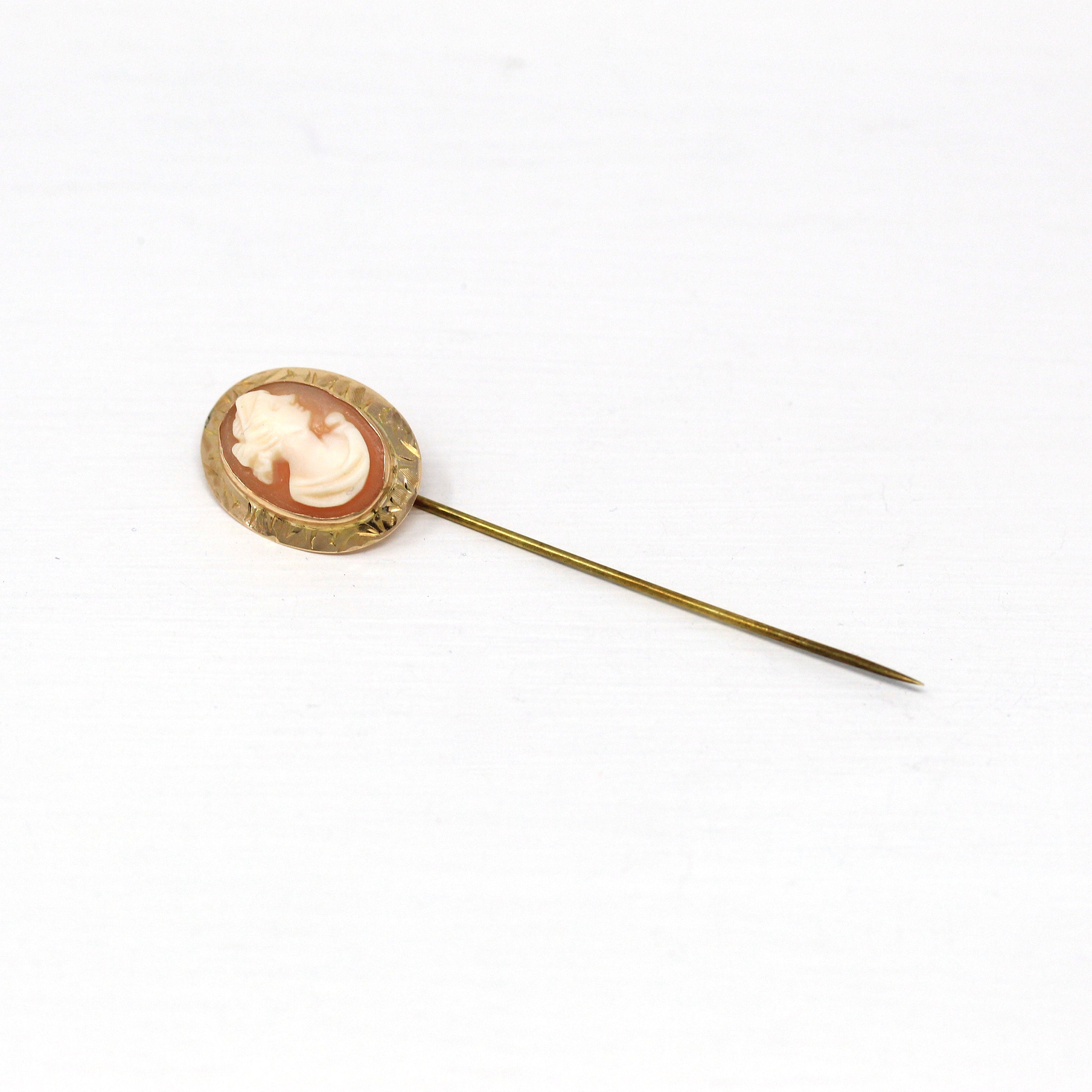 Sale - Antique Stick Pin - Edwardian 10k Yellow Gold & Base Metal Stem Carved Shell Cameo - Vintage Circa 1910s Fashion Accessory Jewelry