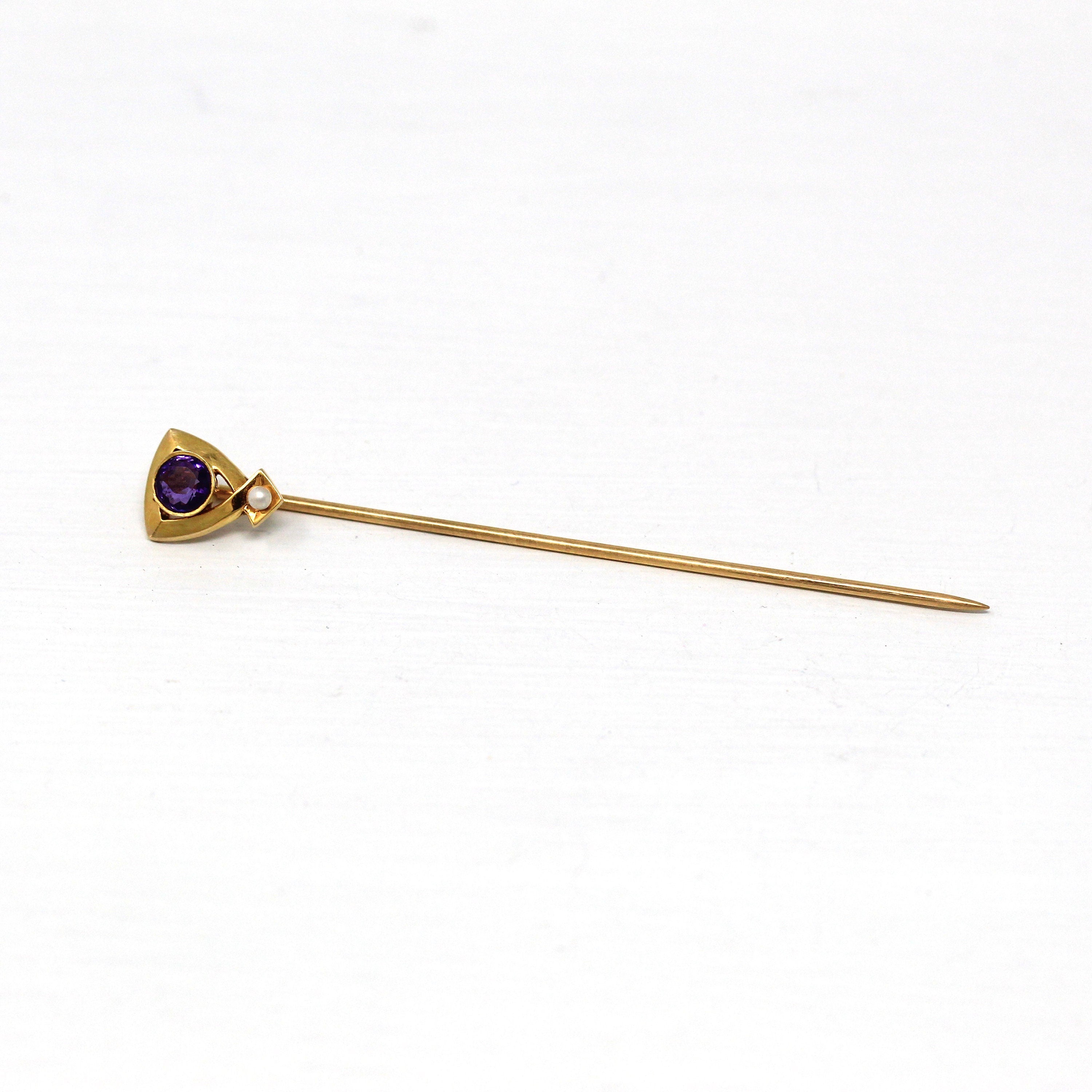 Sale - Antique Stick Pin - Art Nouveau 14k Yellow Gold Genuine Amethyst Gem Seed Pearl - Edwardian Circa 1910s Era Purple Accessory Jewelry