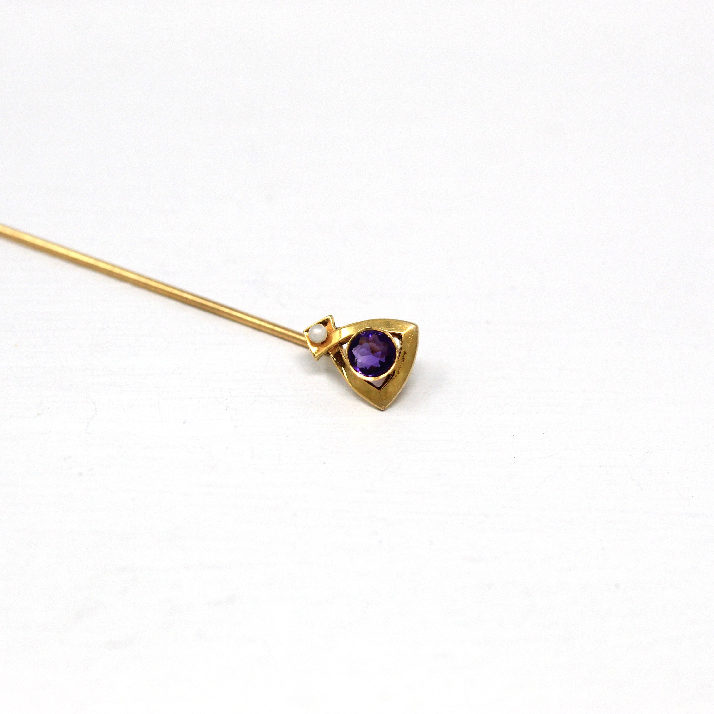 Sale - Antique Stick Pin - Art Nouveau 14k Yellow Gold Genuine Amethyst Gem Seed Pearl - Edwardian Circa 1910s Era Purple Accessory Jewelry