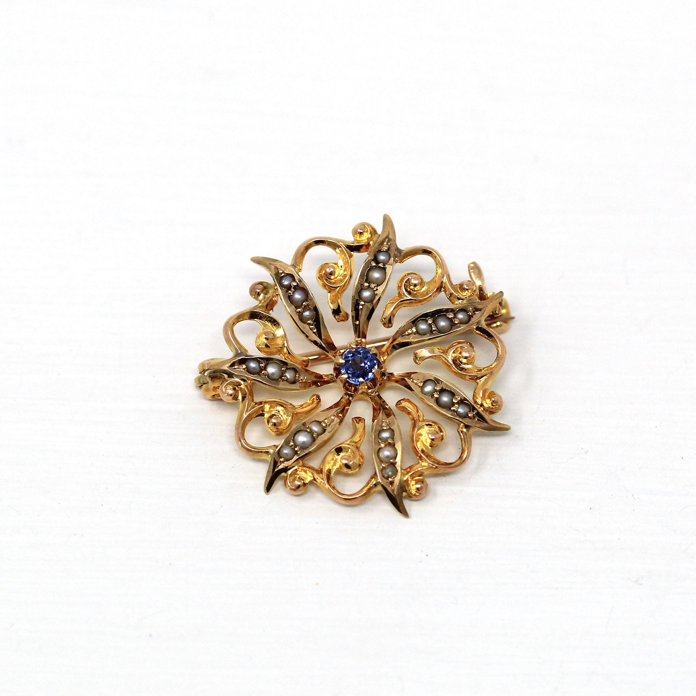 Sale - Antique Starburst Brooch - Edwardian 10k Yellow Gold Genuine .08 CT Sapphire Gem Pin - Circa 1910s Era Seed Pearls Celestial Jewelry