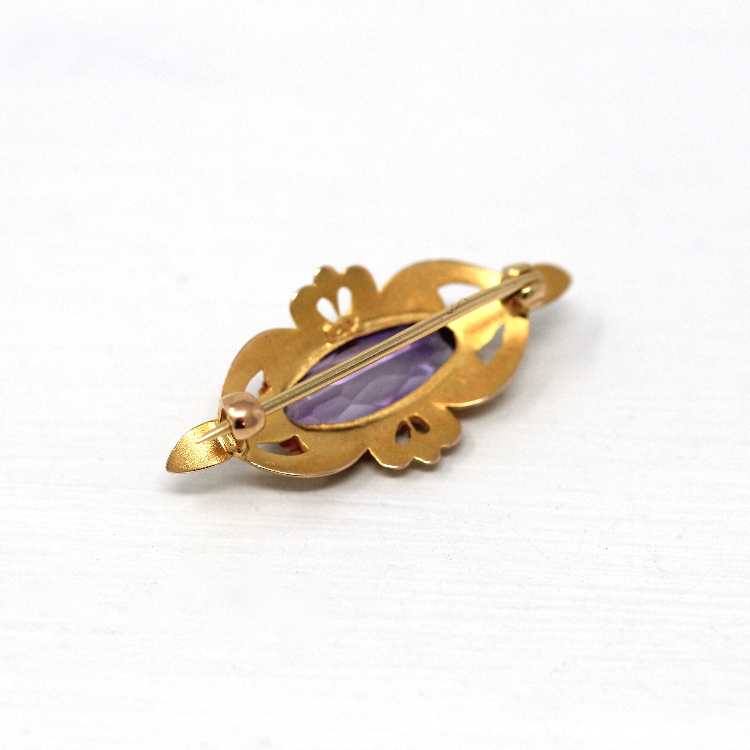 Sale - Art Nouveau Brooch - Antique 14k Yellow Gold Genuine 1.7 CT Amethyst Oval Gem - Circa 1900s Edwardian Era Pin Accessory Fine Jewelry