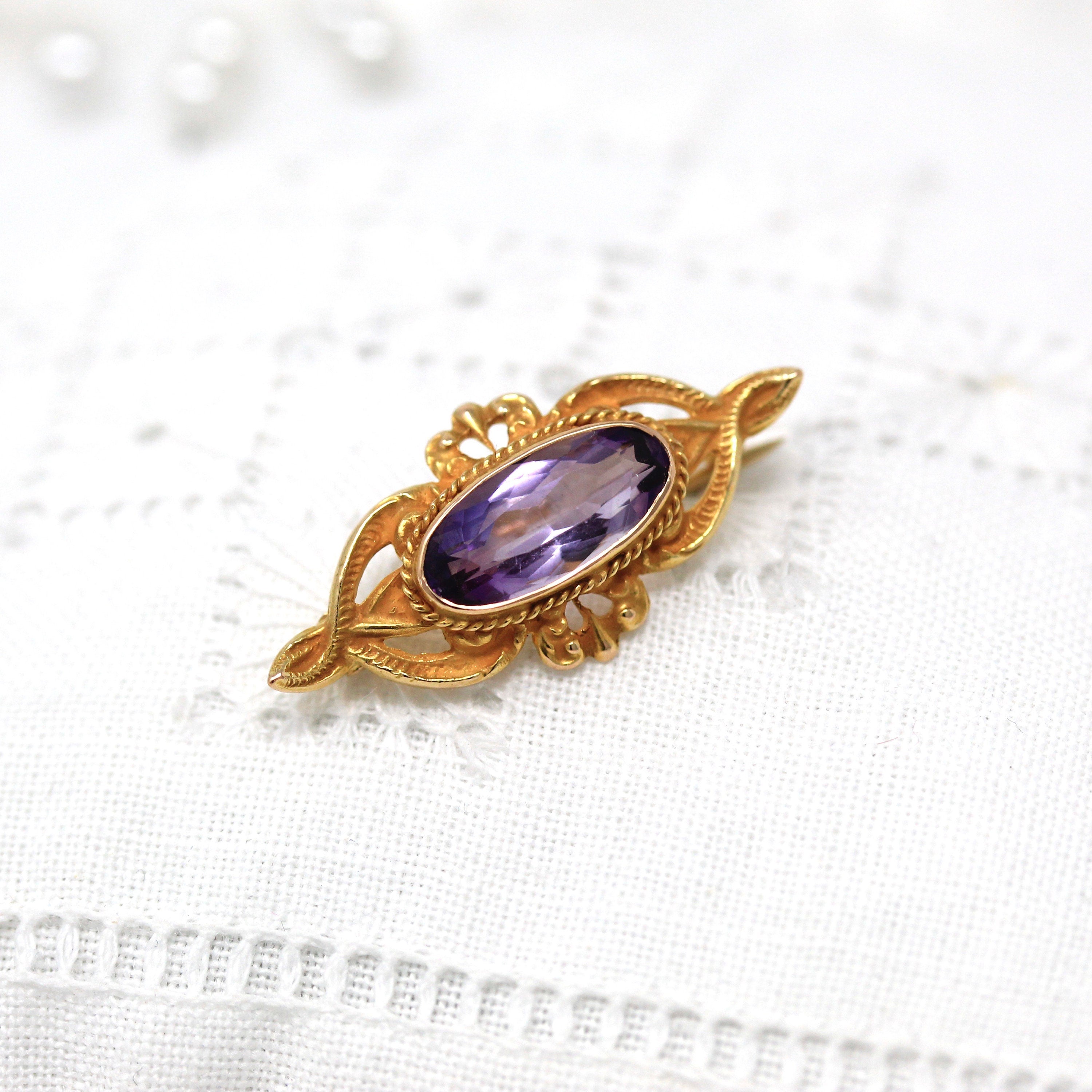 Sale - Art Nouveau Brooch - Antique 14k Yellow Gold Genuine 1.7 CT Amethyst Oval Gem - Circa 1900s Edwardian Era Pin Accessory Fine Jewelry