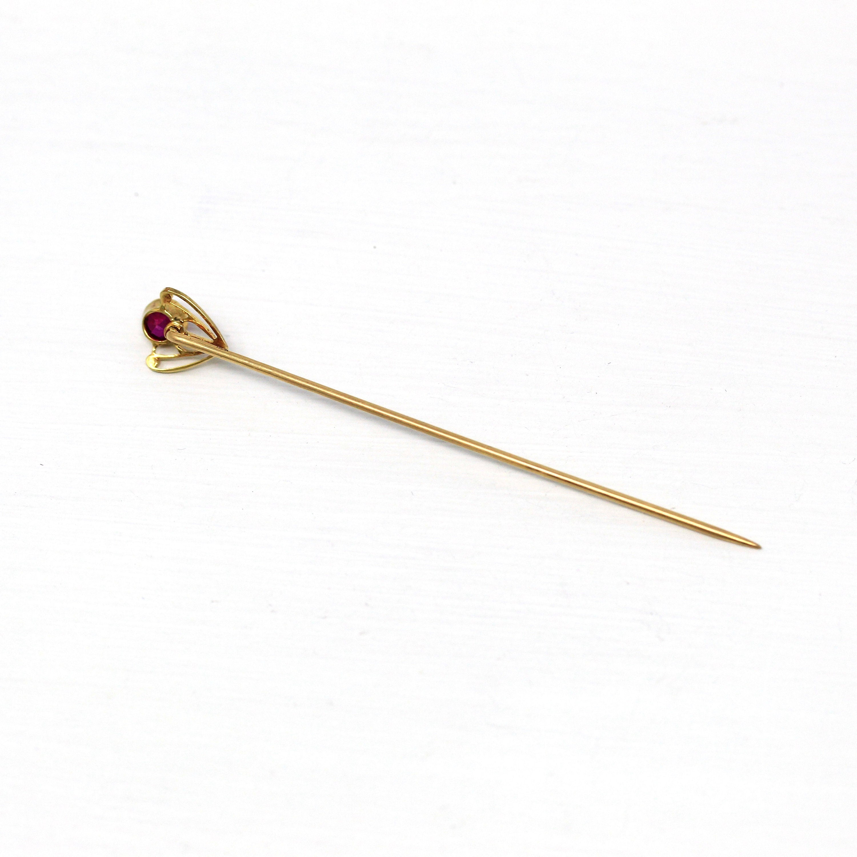 Sale - Antique Stick Pin - Art Deco Created Ruby Red Gem 14k Yellow Gold Heart - Circa 1910s Era Two Bezel Set July Birthstone Fine Jewelry