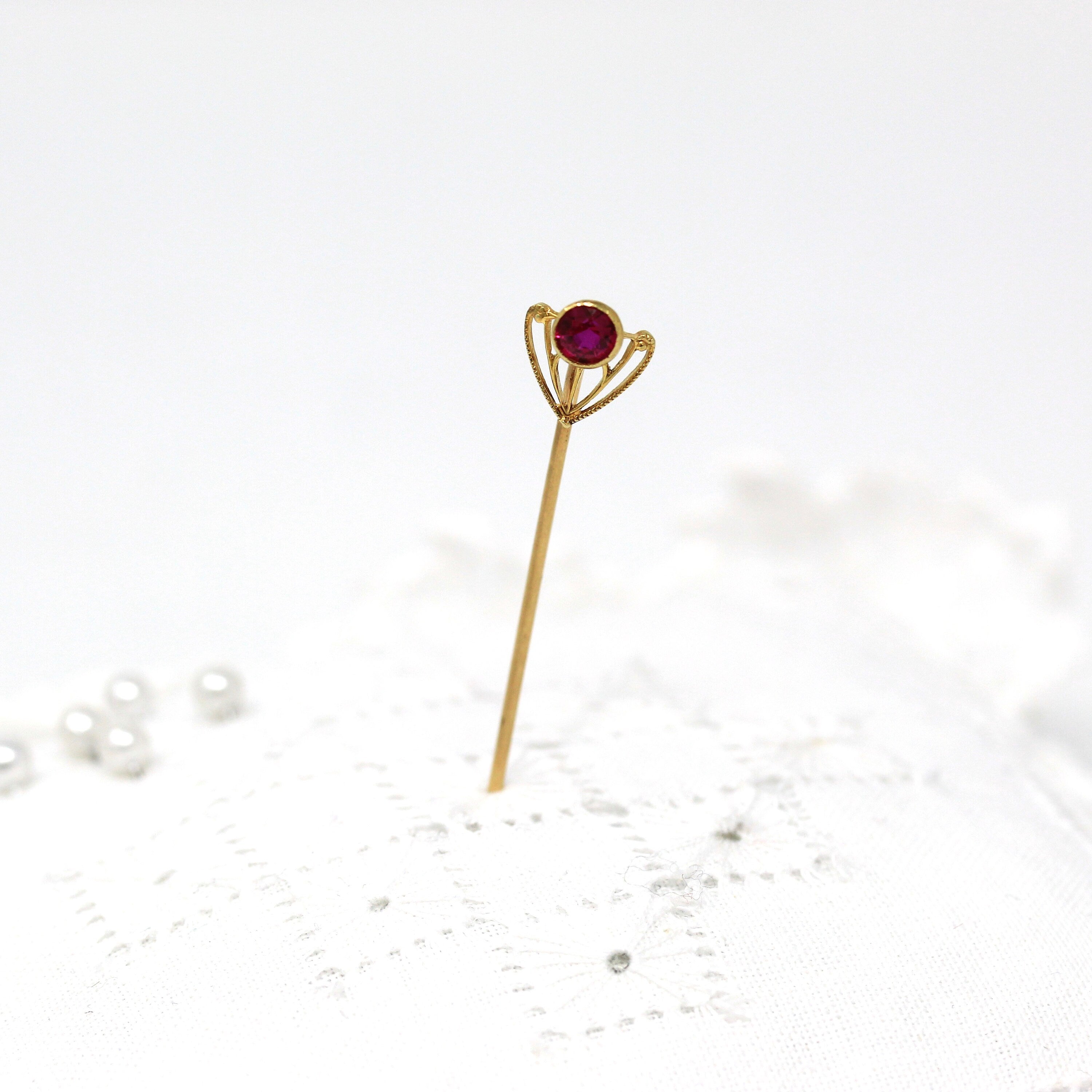 Sale - Antique Stick Pin - Art Deco Created Ruby Red Gem 14k Yellow Gold Heart - Circa 1910s Era Two Bezel Set July Birthstone Fine Jewelry