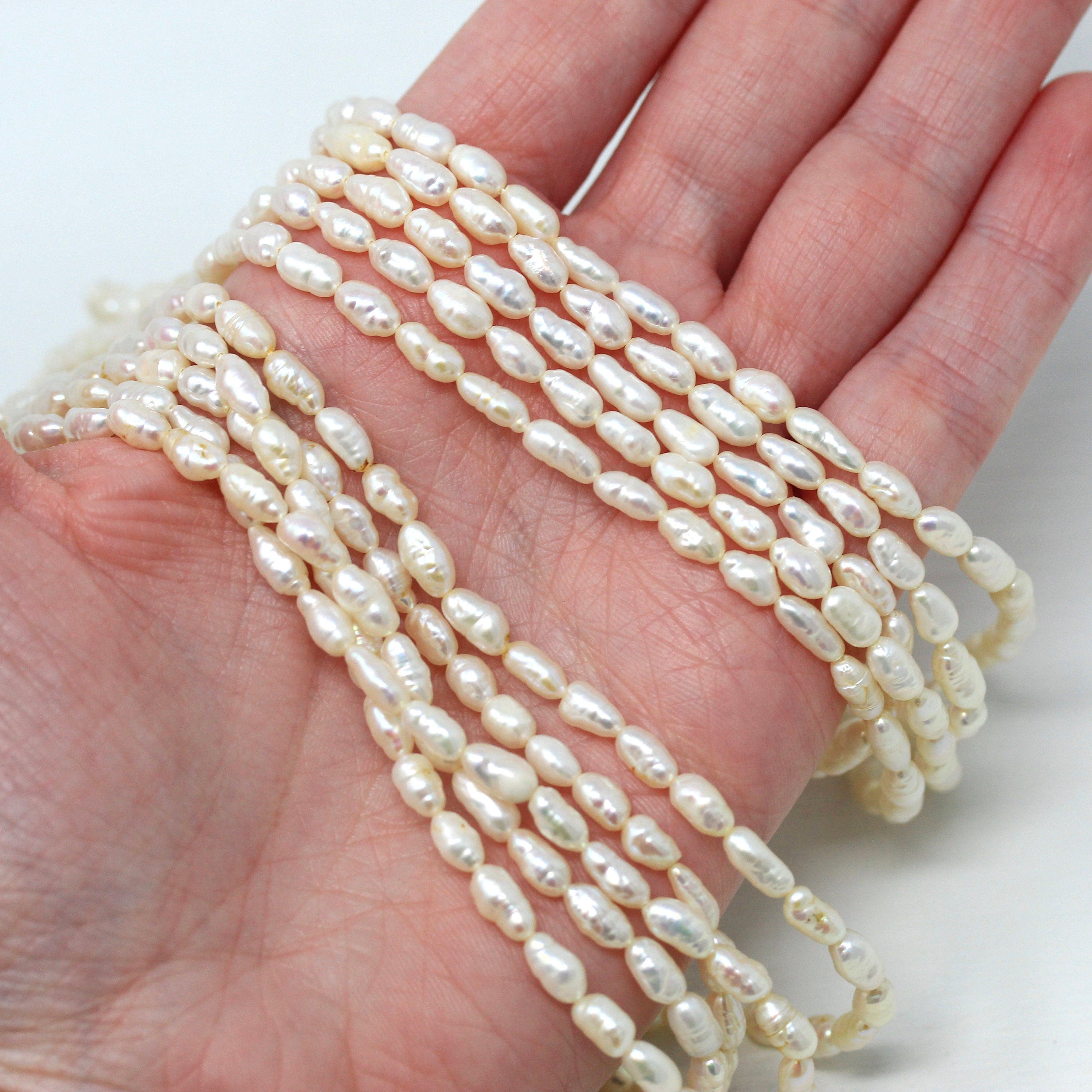 Sale Cultured Rice Pearl Necklace Estate 14K Yellow Gold Fish Hook Clasp Four Strands Vintage Circa 1980s Statement Fine 80s Jewelry