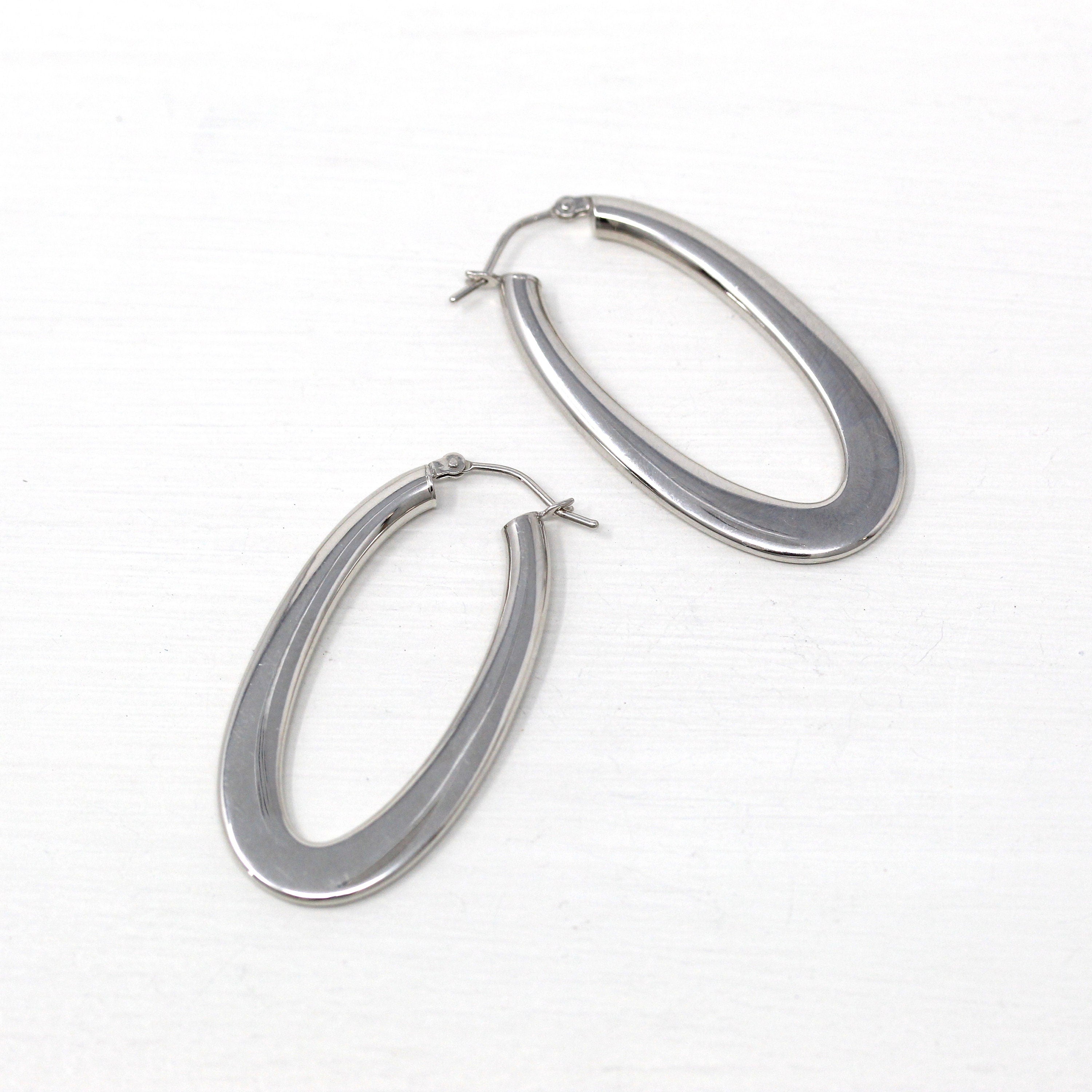 Sale - Modern Hoop Earrings - Estate 14k White Gold Latch Back Hollow Oval Design - Circa 2000's Era Statement Accessory Milor Italy Jewelry