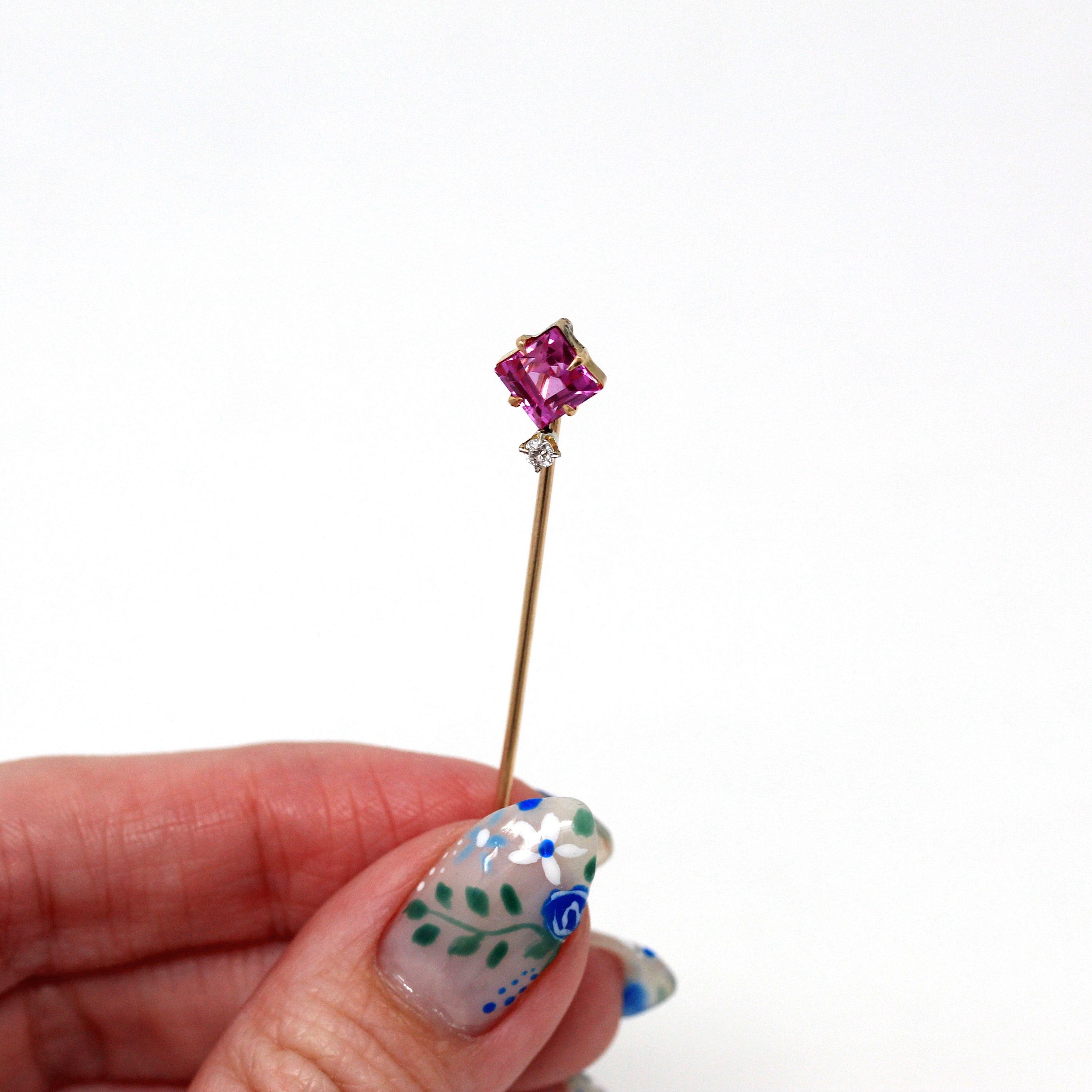 Sale - Antique Stick Pin - Edwardian 10k Yellow Gold Created Pink Sapphire 1.58 CT Stone - Vintage Circa 1910s Old European Diamond Jewelry