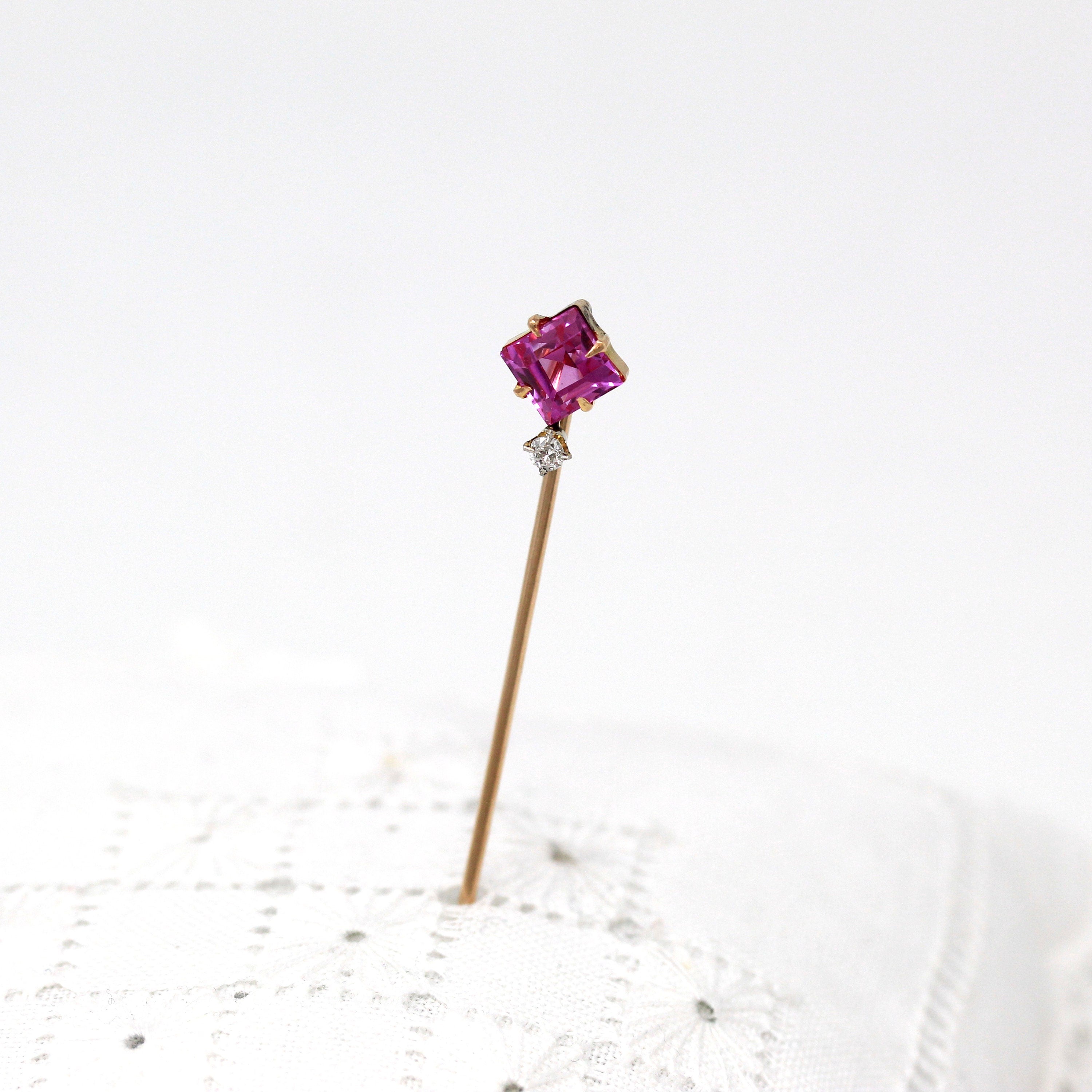 Sale - Antique Stick Pin - Edwardian 10k Yellow Gold Created Pink Sapphire 1.58 CT Stone - Vintage Circa 1910s Old European Diamond Jewelry