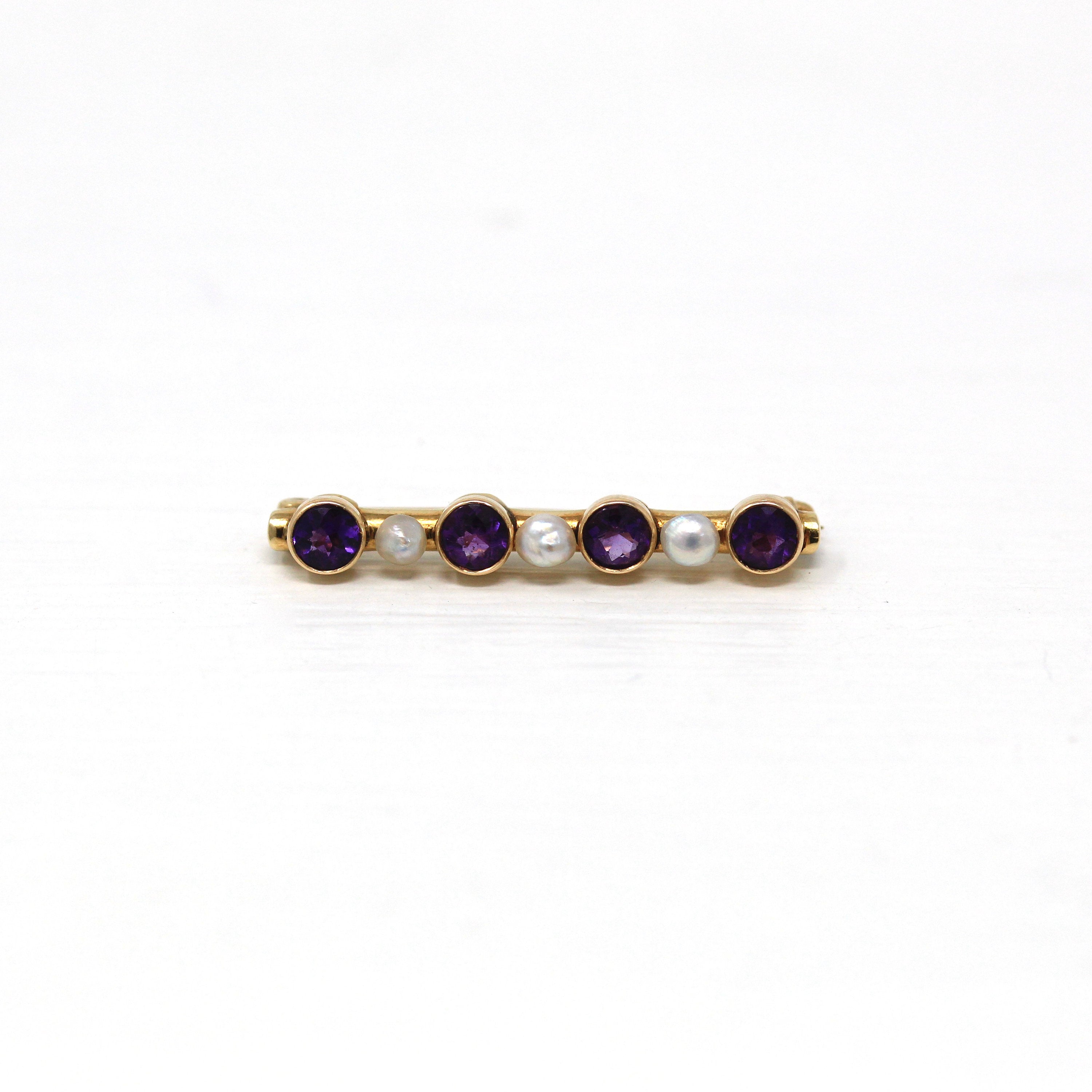 Sale - Genuine Amethyst Brooch - Edwardian 14k Yellow Gold Round Faceted Purple .60 CTW Gems Pin - Circa 1910s Cultured Pearls Fine Jewelry