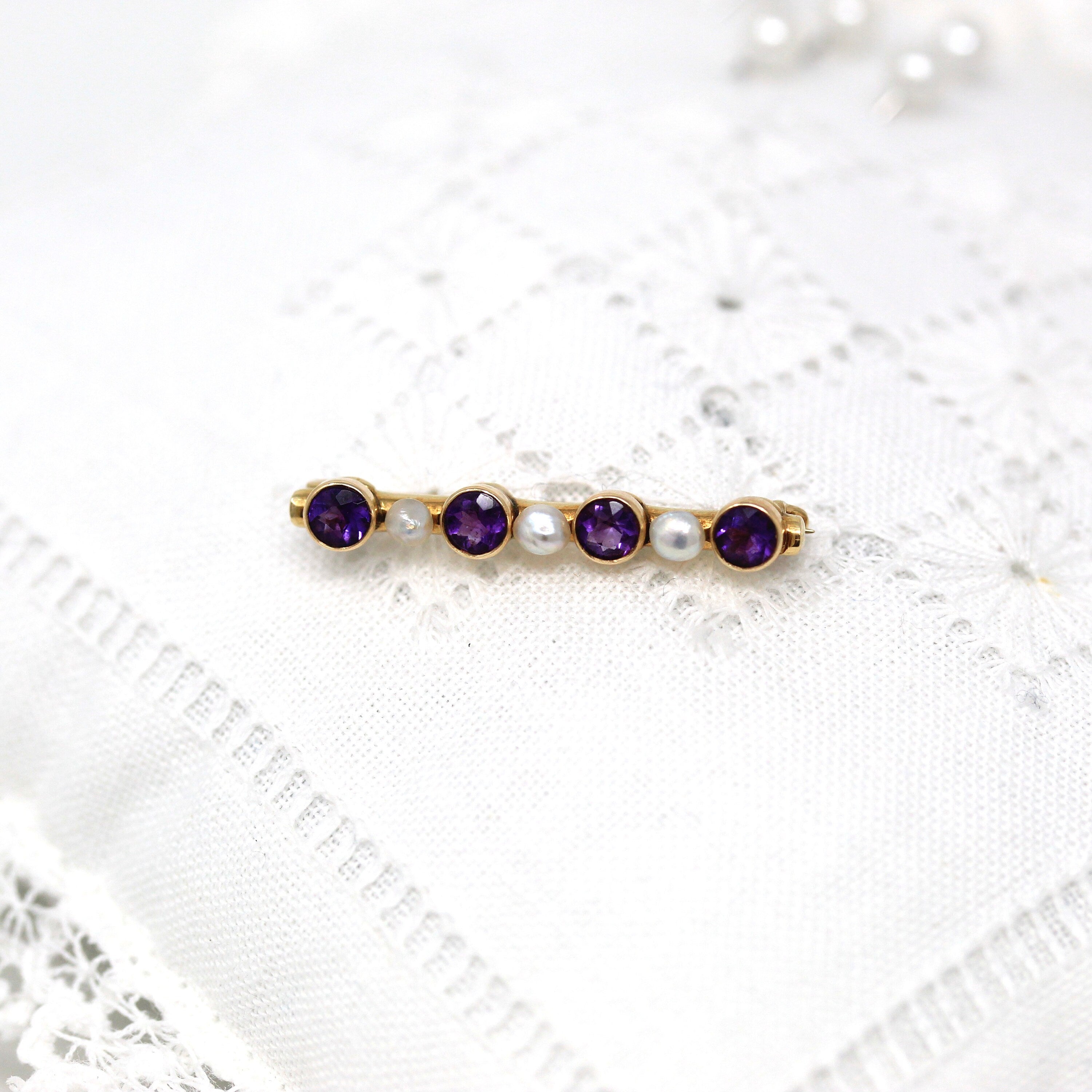 Sale - Genuine Amethyst Brooch - Edwardian 14k Yellow Gold Round Faceted Purple .60 CTW Gems Pin - Circa 1910s Cultured Pearls Fine Jewelry