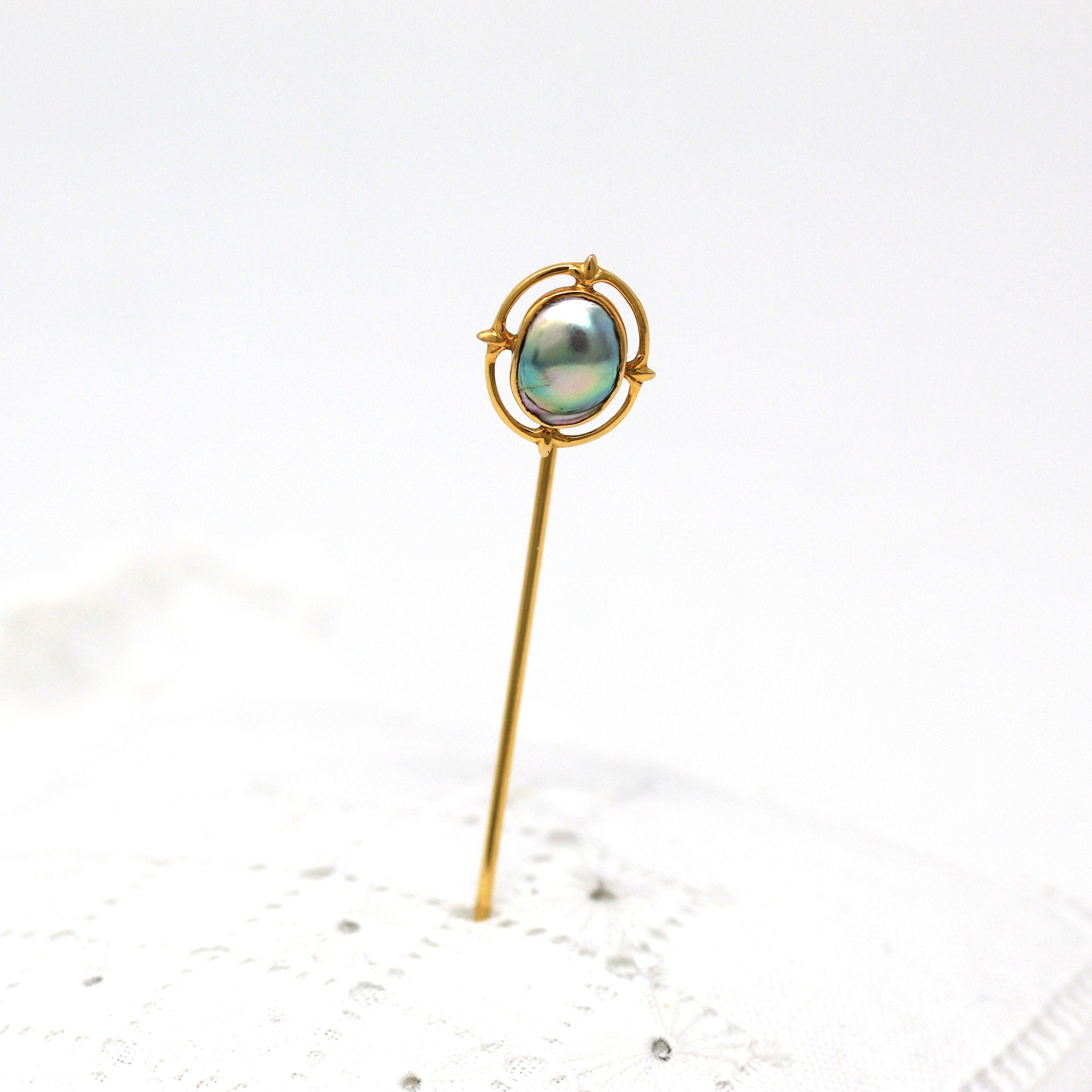 Sale - Vintage Stick Pin - 1940s 10k Yellow Gold Blister Pearl Decorative Pin - Retro Colorful Gem Fashion Accessory Neckwear Device Jewelry