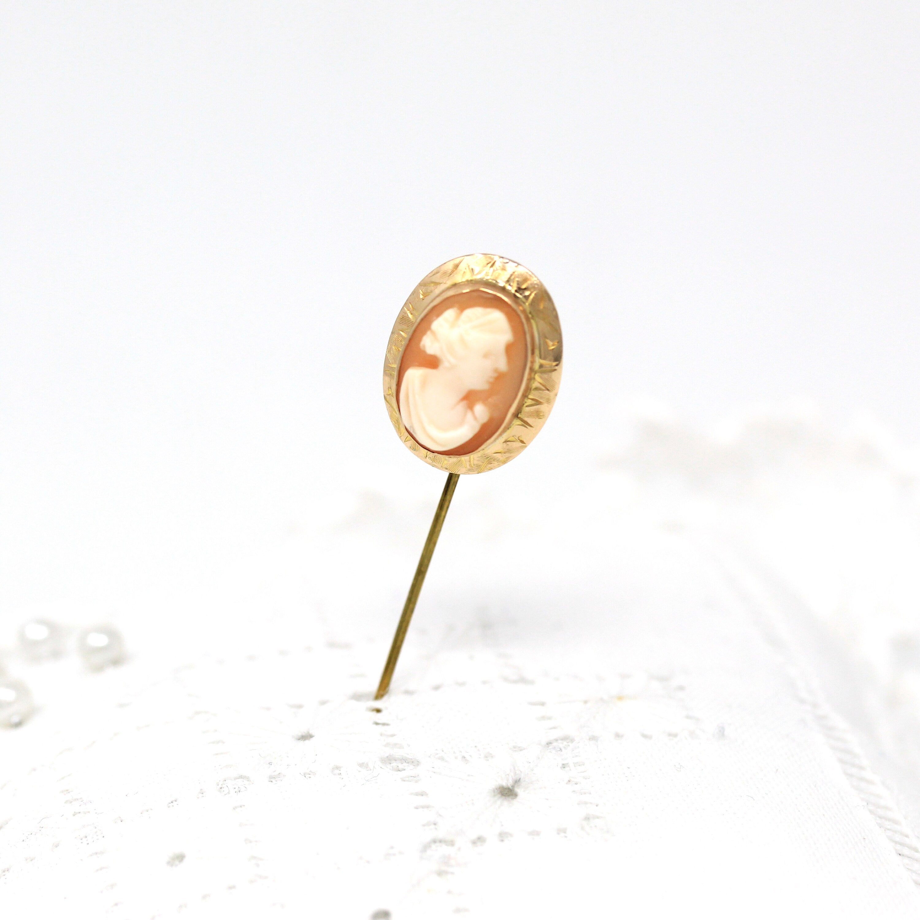 Sale - Antique Stick Pin - Edwardian 10k Yellow Gold & Base Metal Stem Carved Shell Cameo - Vintage Circa 1910s Fashion Accessory Jewelry