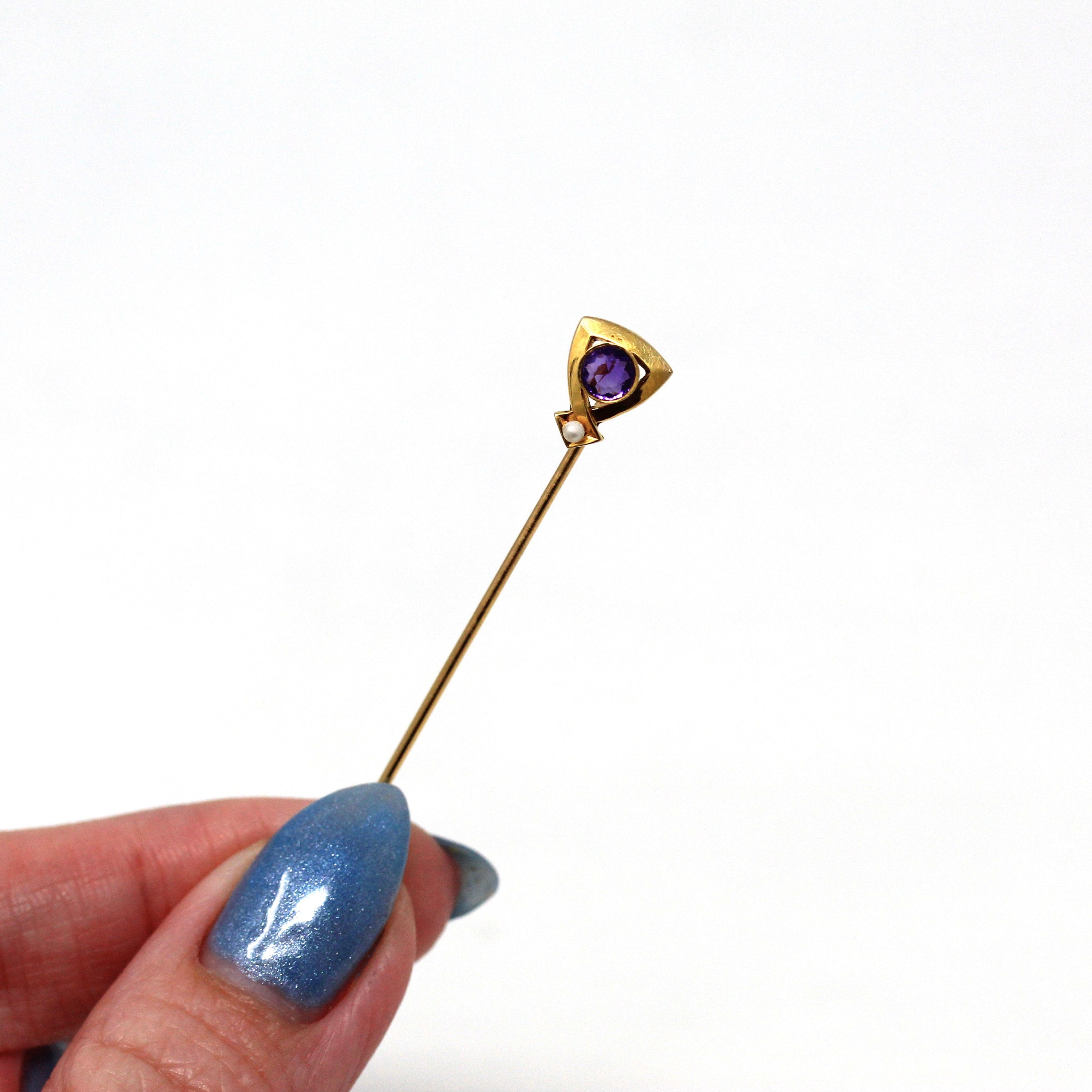 Sale - Antique Stick Pin - Art Nouveau 14k Yellow Gold Genuine Amethyst Gem Seed Pearl - Edwardian Circa 1910s Era Purple Accessory Jewelry