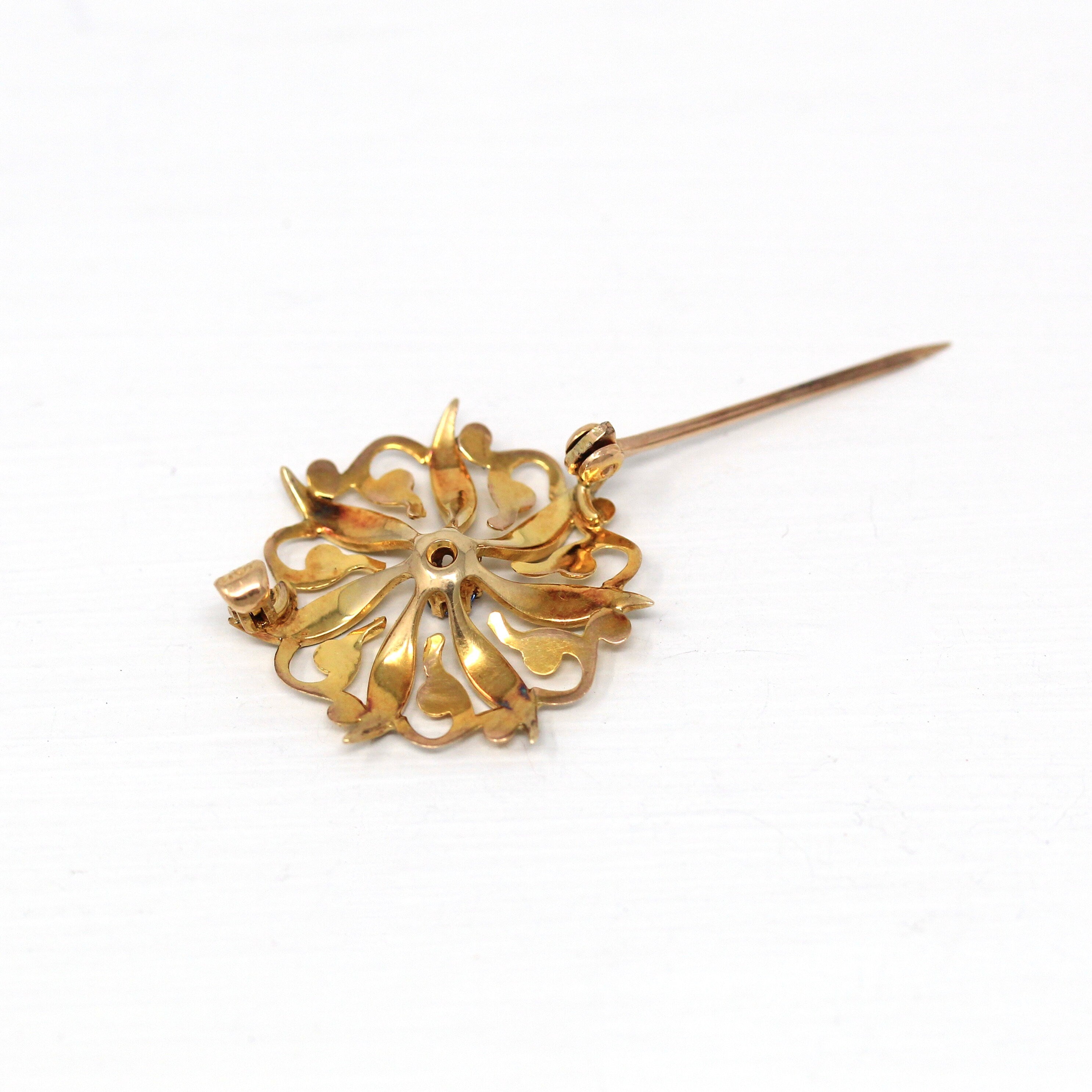 Sale - Antique Starburst Brooch - Edwardian 10k Yellow Gold Genuine .08 CT Sapphire Gem Pin - Circa 1910s Era Seed Pearls Celestial Jewelry