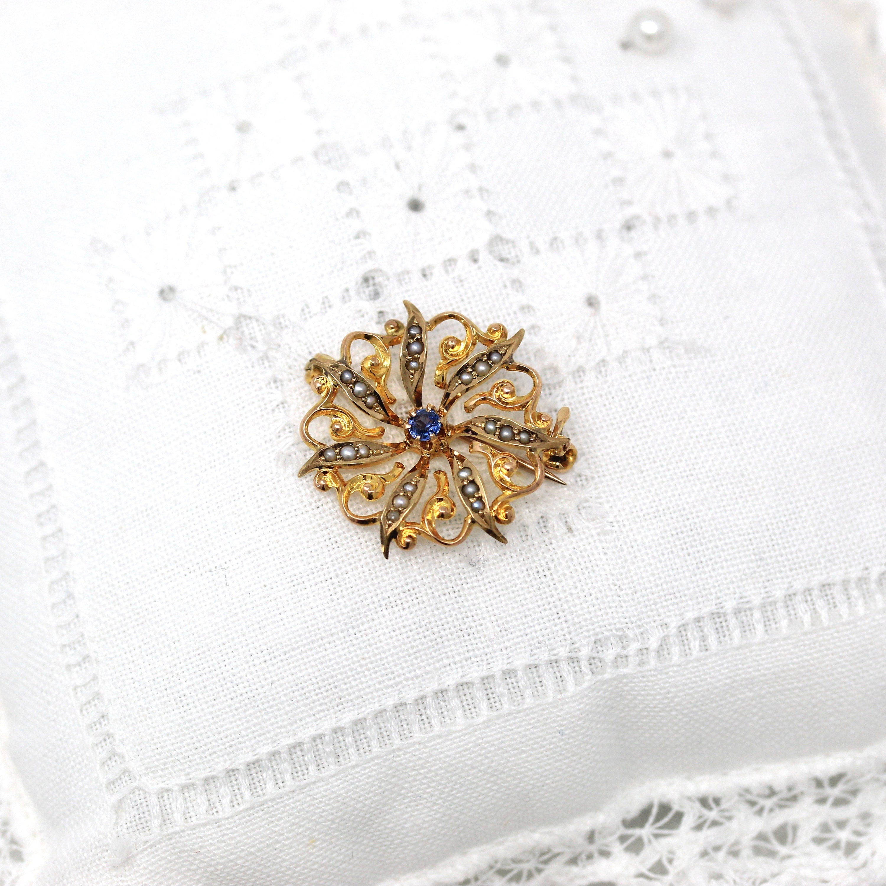 Sale - Antique Starburst Brooch - Edwardian 10k Yellow Gold Genuine .08 CT Sapphire Gem Pin - Circa 1910s Era Seed Pearls Celestial Jewelry