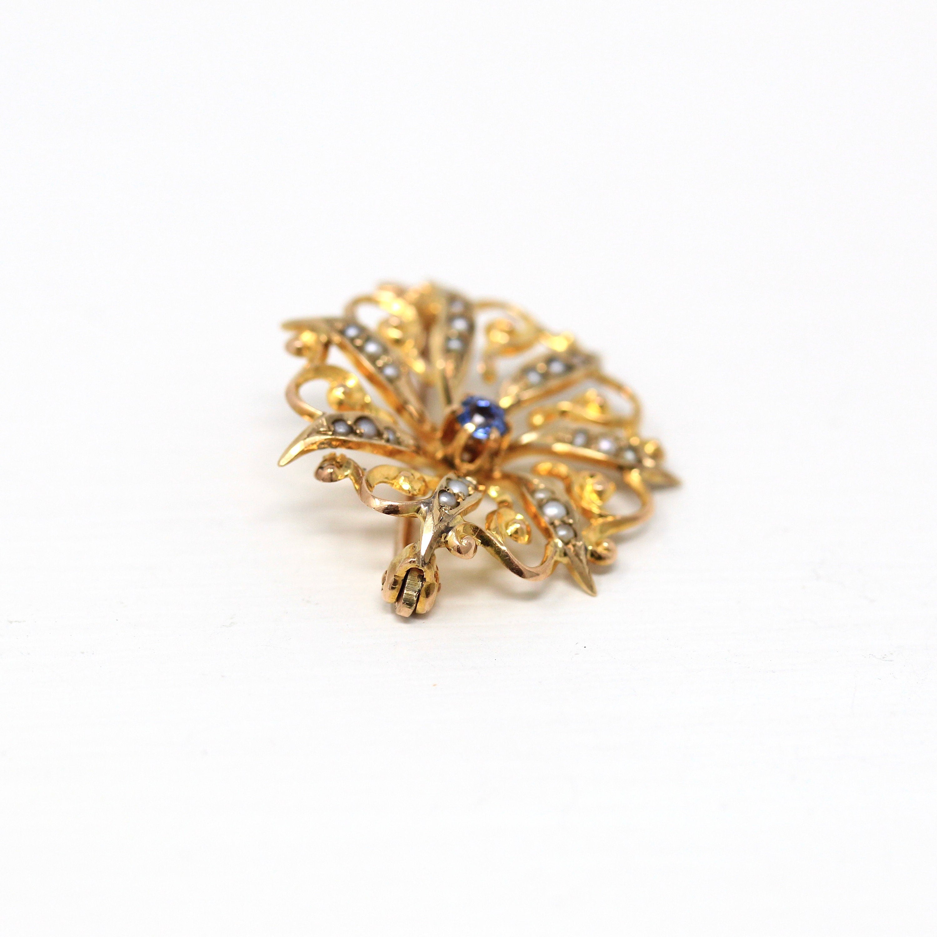 Sale - Antique Starburst Brooch - Edwardian 10k Yellow Gold Genuine .08 CT Sapphire Gem Pin - Circa 1910s Era Seed Pearls Celestial Jewelry