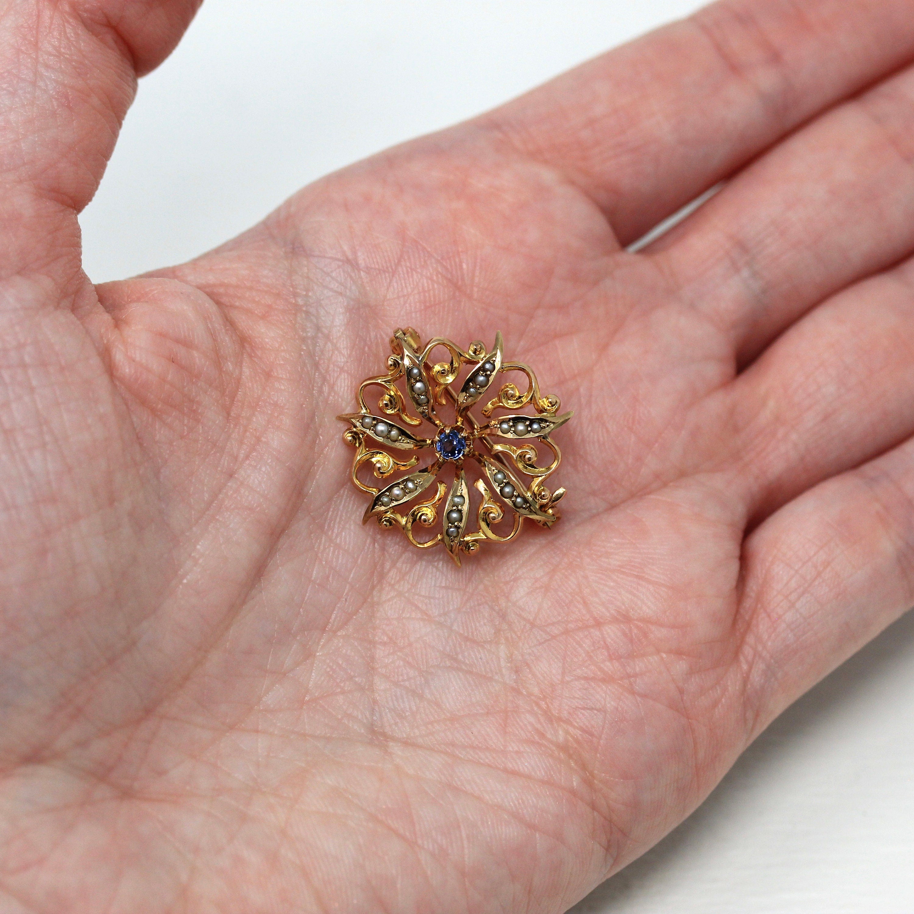 Sale - Antique Starburst Brooch - Edwardian 10k Yellow Gold Genuine .08 CT Sapphire Gem Pin - Circa 1910s Era Seed Pearls Celestial Jewelry