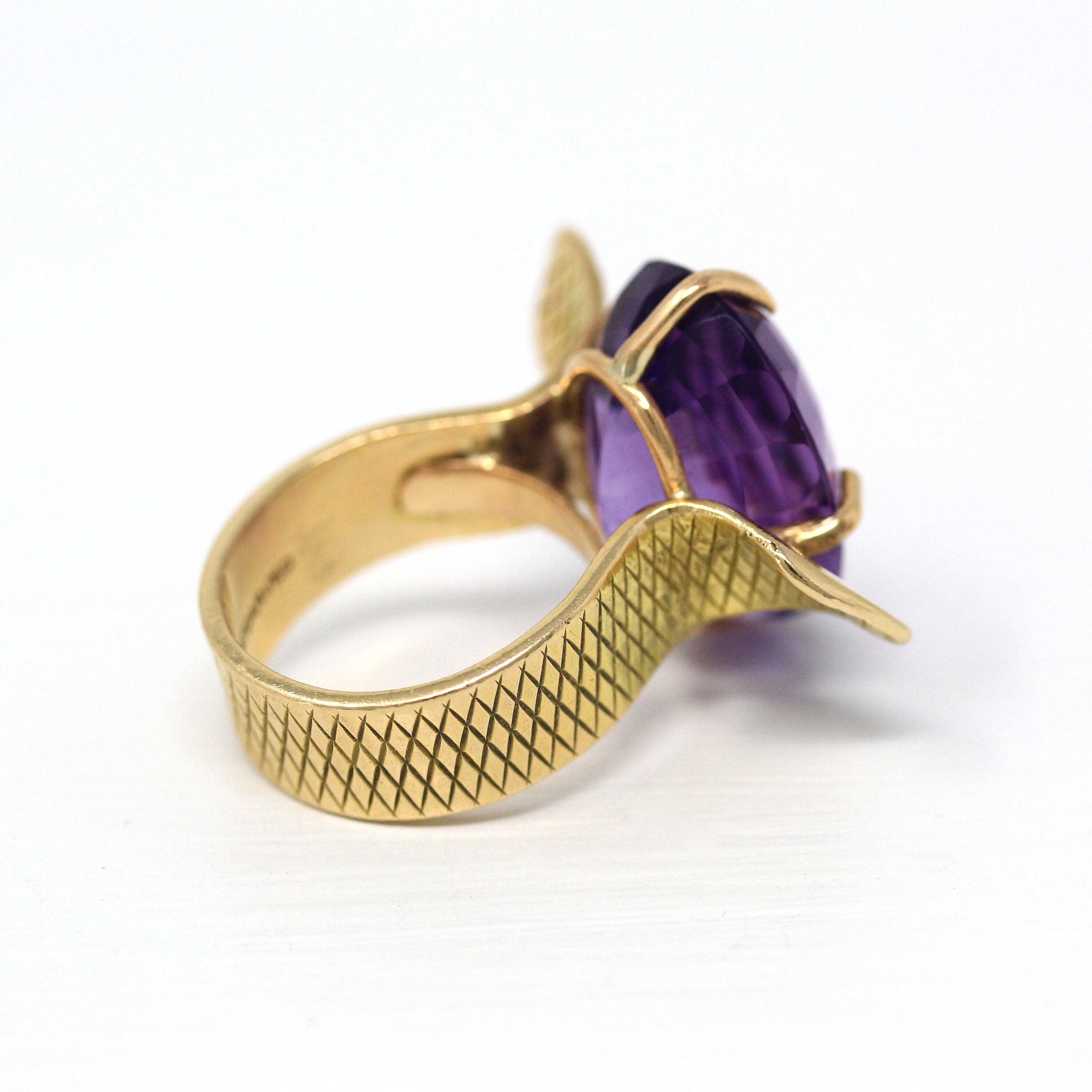 Sale - Genuine Amethyst Ring - Retro 14k Yellow Gold Purple Faceted 15.90 CT Gem - Vintage Circa 1970s Size 5 1/2 Maximalist Fine Jewelry