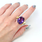 Sale - Genuine Amethyst Ring - Retro 14k Yellow Gold Purple Faceted 15.90 CT Gem - Vintage Circa 1970s Size 5 1/2 Maximalist Fine Jewelry