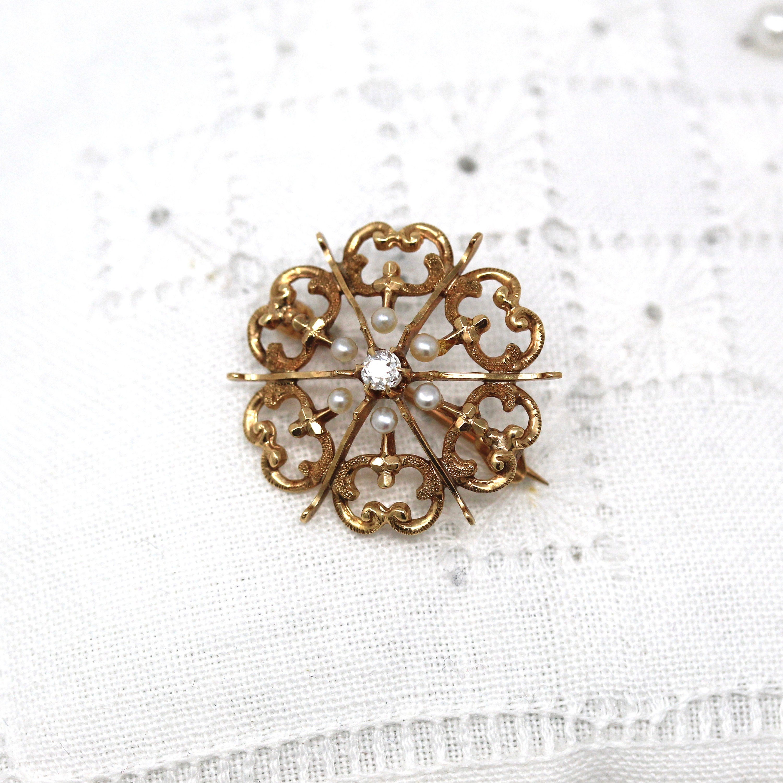 Sale - Antique Starburst Brooch - Edwardian 10k Yellow Gold Genuine .09 CT Old European Diamond Pin - Circa 1910s Era Seed Pearls Jewelry