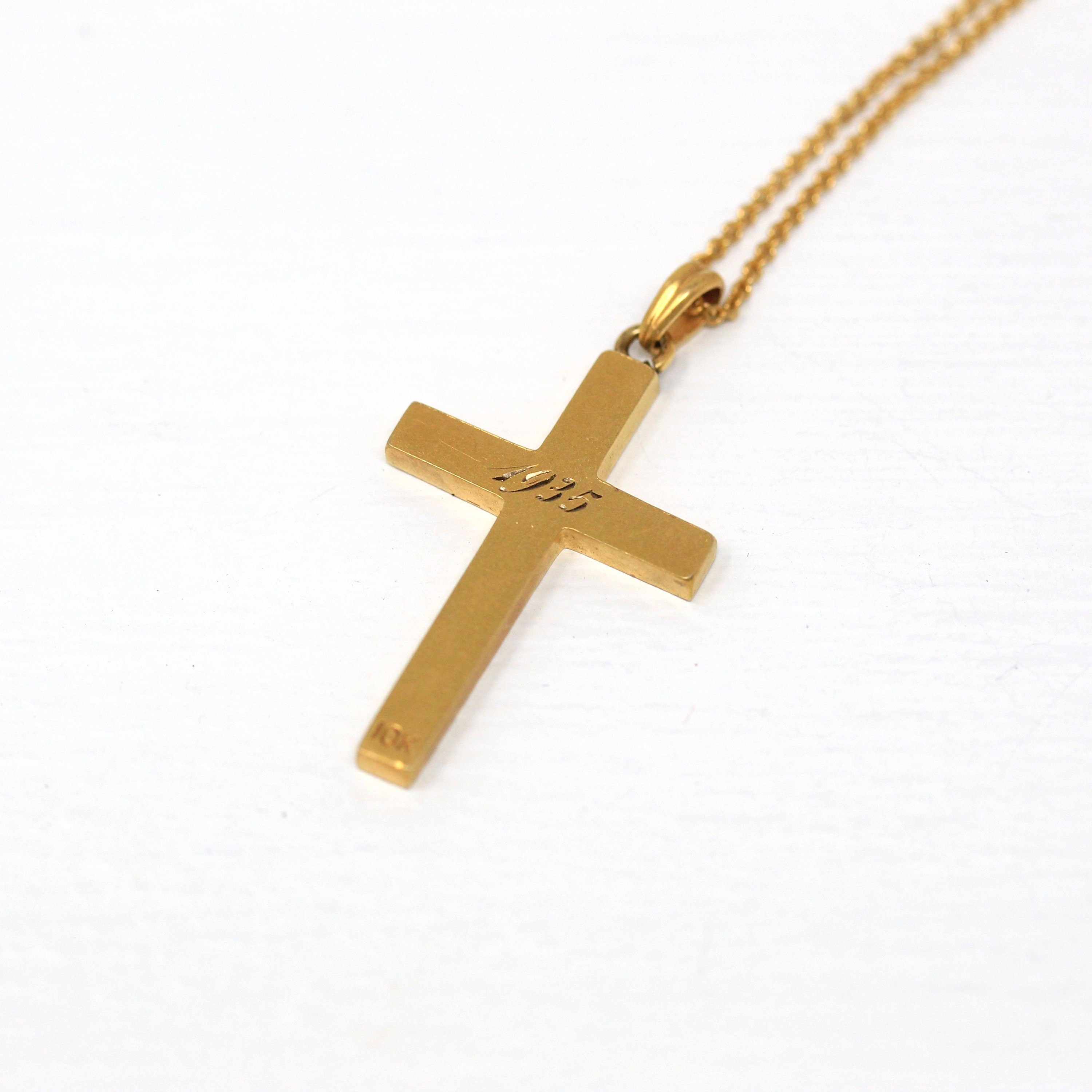 Sale Dated 1935 Necklace Art Deco 10K Yellow Gold Engraved Naomi Ruth Pendant Vintage Circa 1930s Religious Faith Crucifix Jewelry Add 10K 18