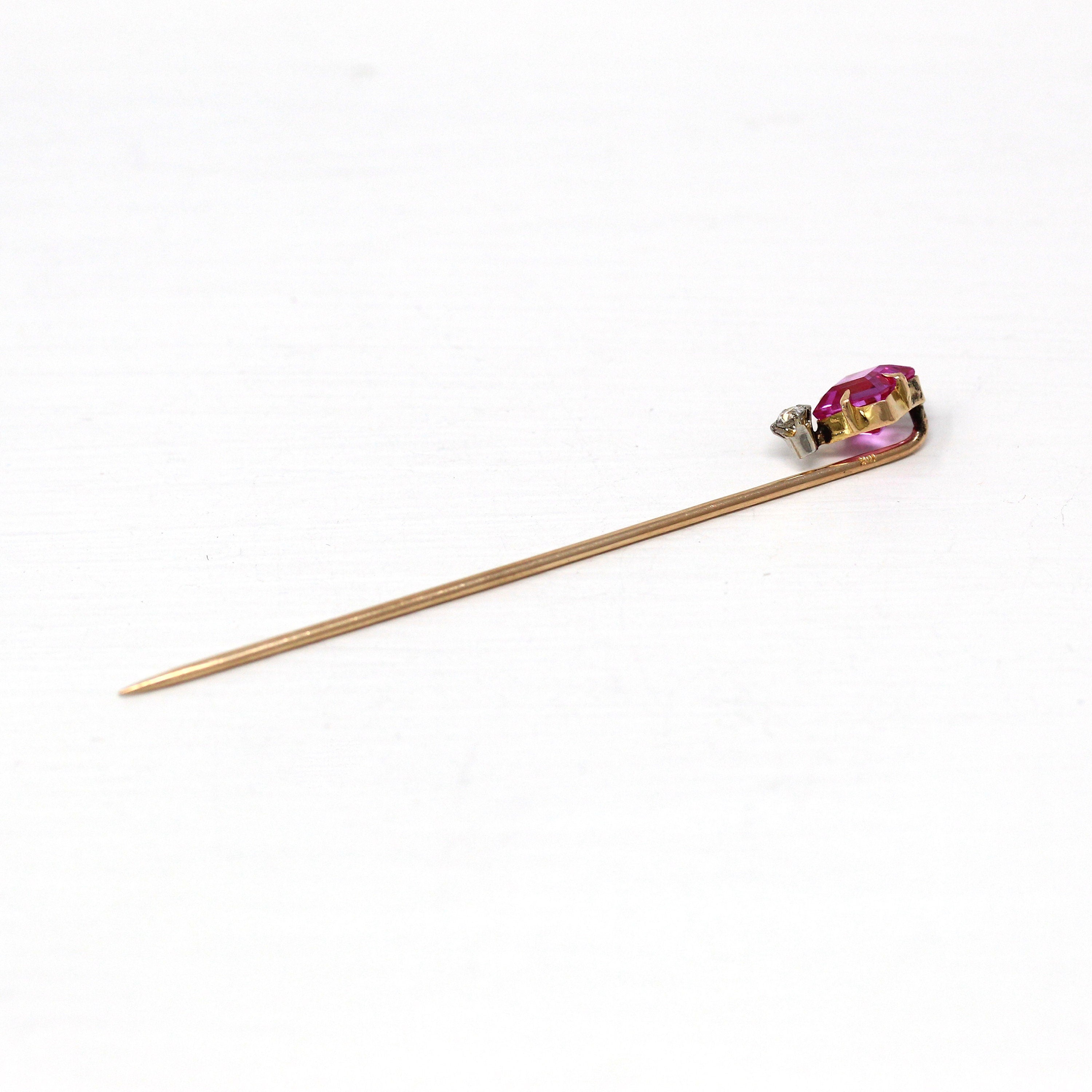 Sale - Antique Stick Pin - Edwardian 10k Yellow Gold Created Pink Sapphire 1.58 CT Stone - Vintage Circa 1910s Old European Diamond Jewelry