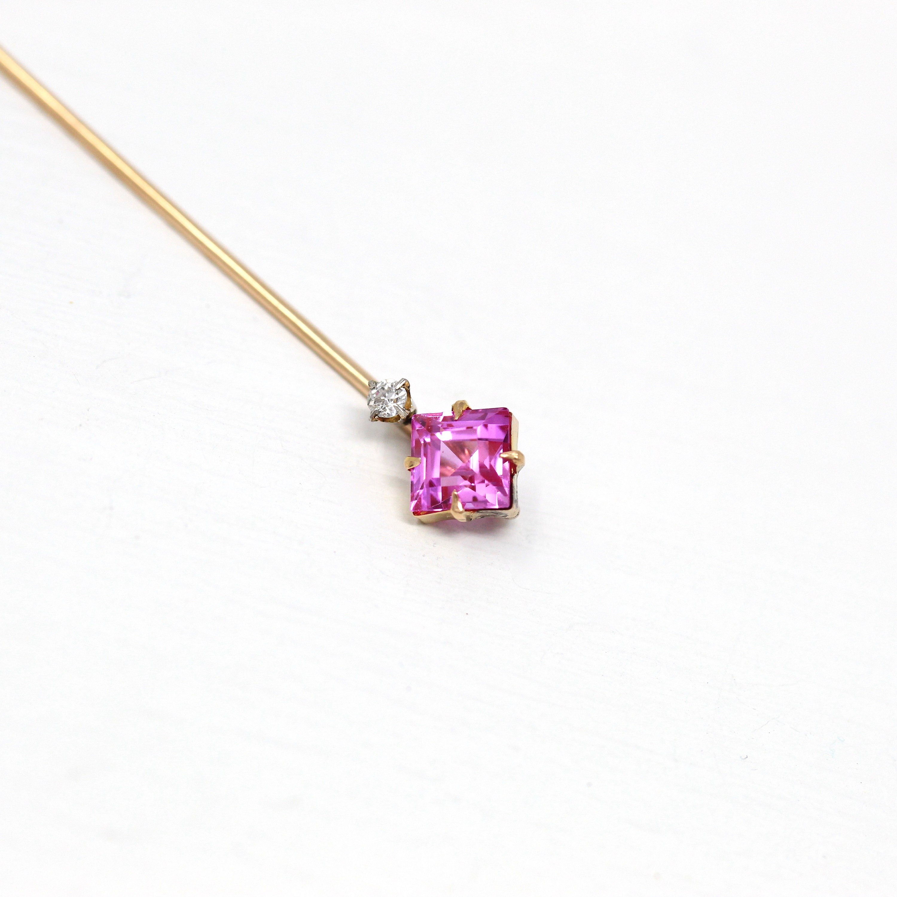 Sale - Antique Stick Pin - Edwardian 10k Yellow Gold Created Pink Sapphire 1.58 CT Stone - Vintage Circa 1910s Old European Diamond Jewelry