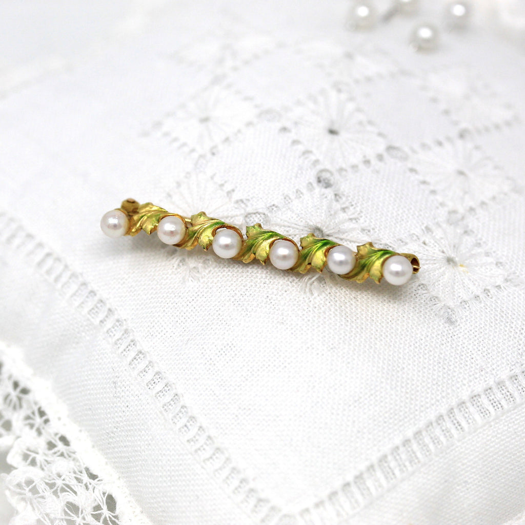 Sale - Art Nouveau Brooch - Antique 14k Yellow Gold Cultured Pearls Leaf Green Enamel Pin - Circa 1900s Fashion Accessory Krementz Jewelry