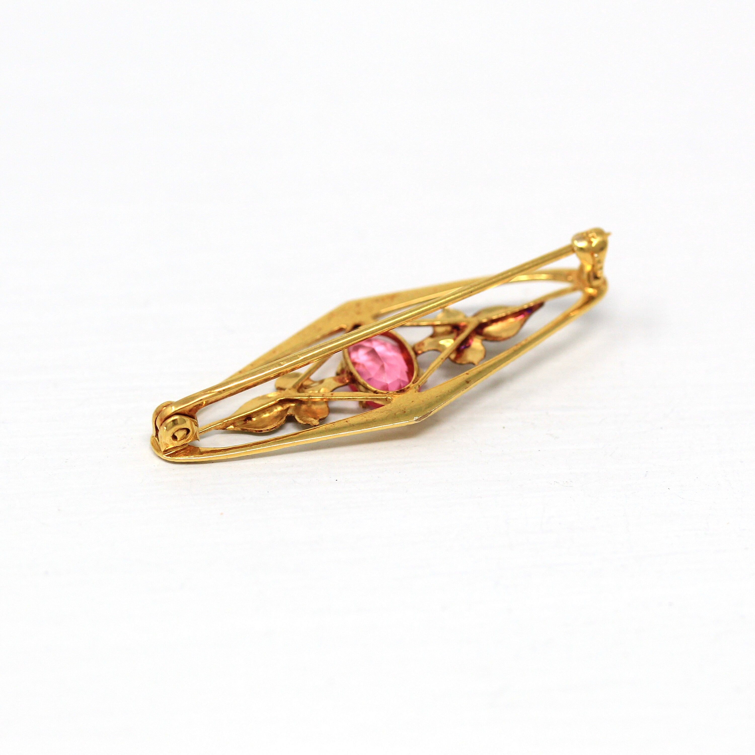 Sale - Vintage Brooch Accessory - Retro 10k Yellow Gold Simulated Pink Sapphire Stone Pin - Circa 1940s Leaf Motif Smith & Fisher Jewelry