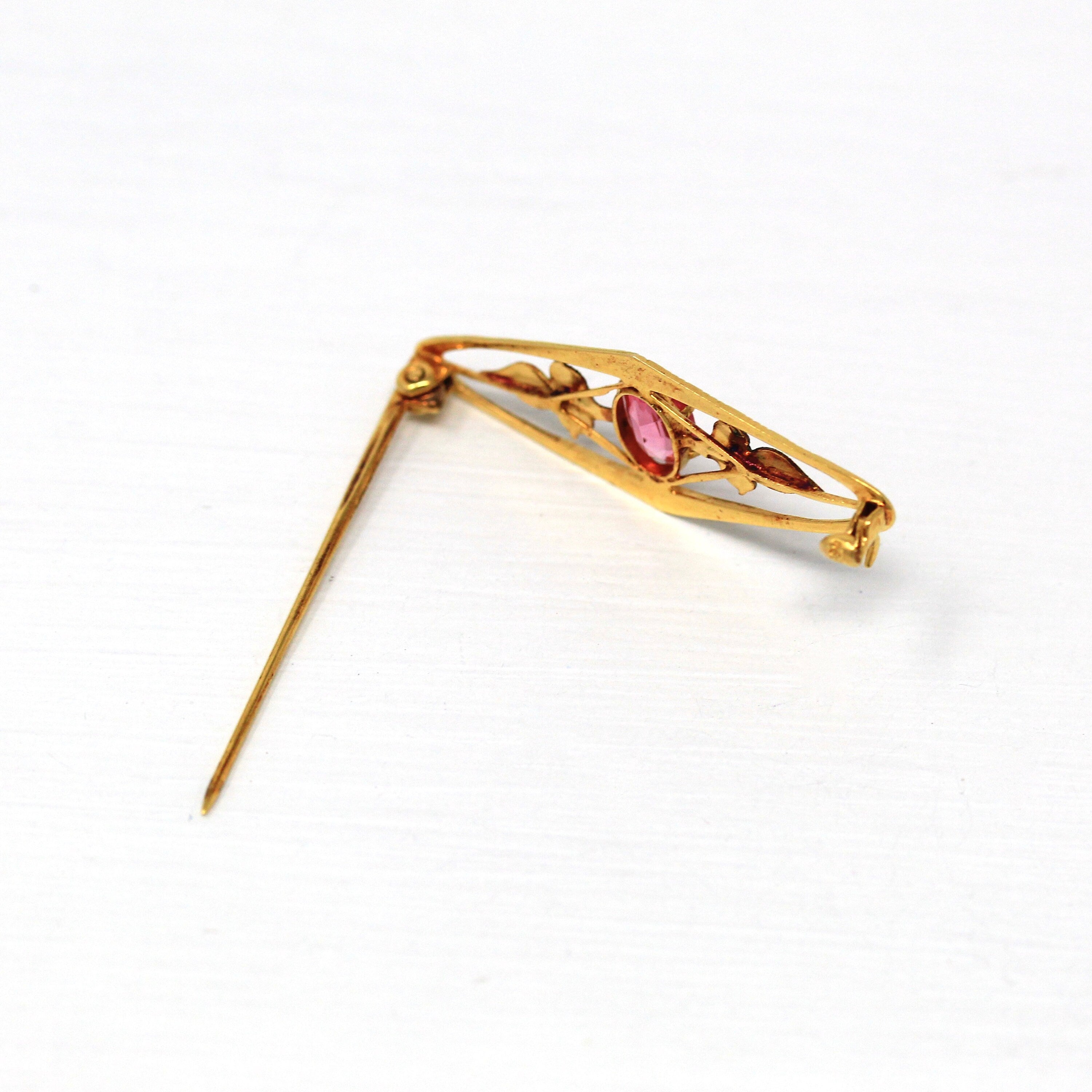 Sale - Vintage Brooch Accessory - Retro 10k Yellow Gold Simulated Pink Sapphire Stone Pin - Circa 1940s Leaf Motif Smith & Fisher Jewelry