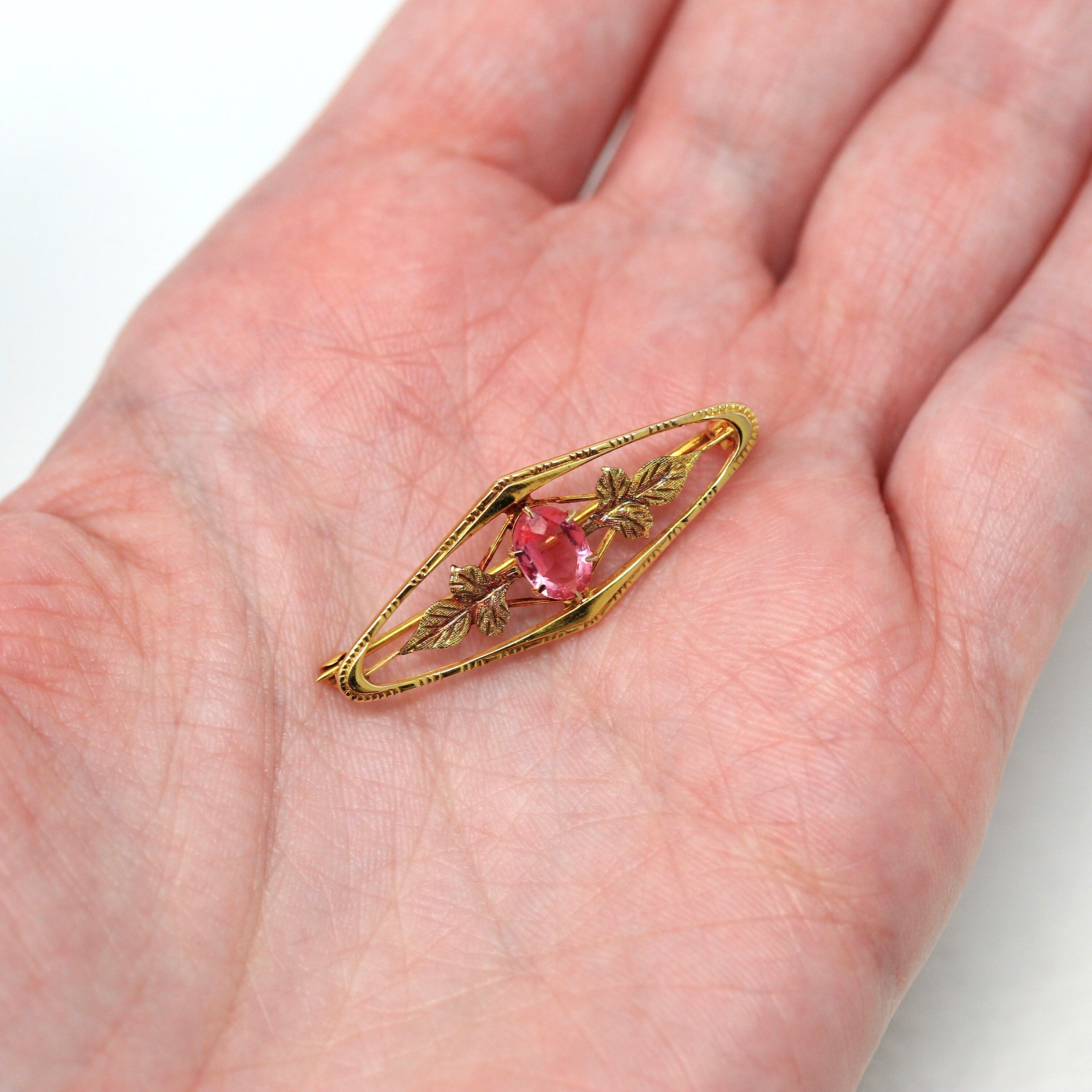 Sale - Vintage Brooch Accessory - Retro 10k Yellow Gold Simulated Pink Sapphire Stone Pin - Circa 1940s Leaf Motif Smith & Fisher Jewelry