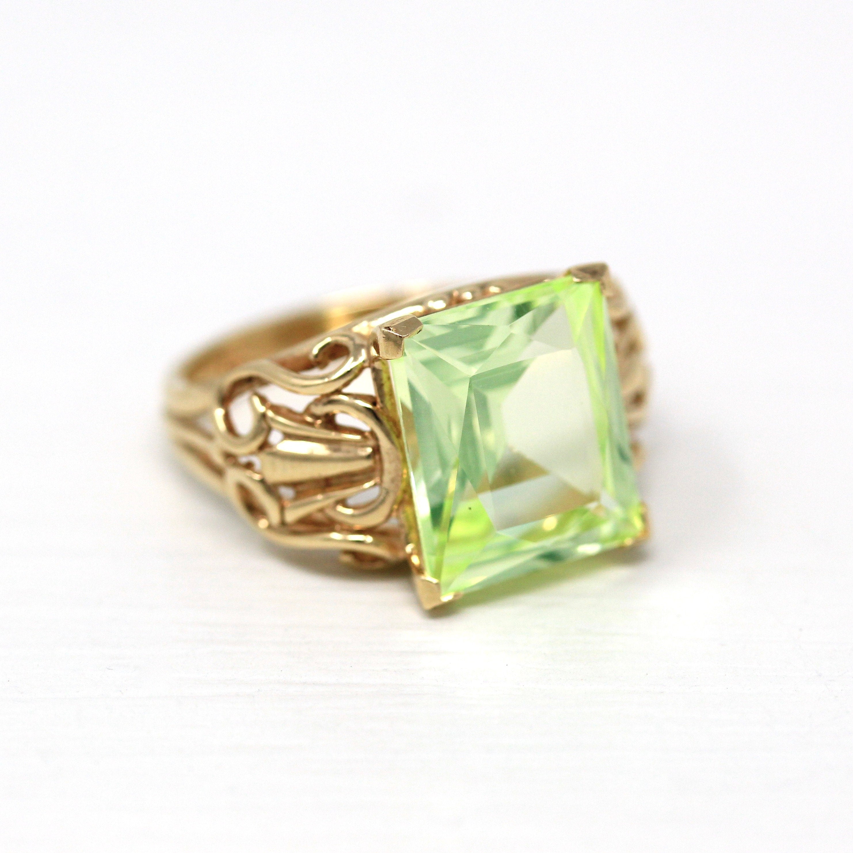 Sale - Created Spinel Ring - Retro 10k Yellow Gold Rectangular Faceted 7.50 CT Green Stone - Vintage 1960s Era Size 6 1/2 Statement Jewelry