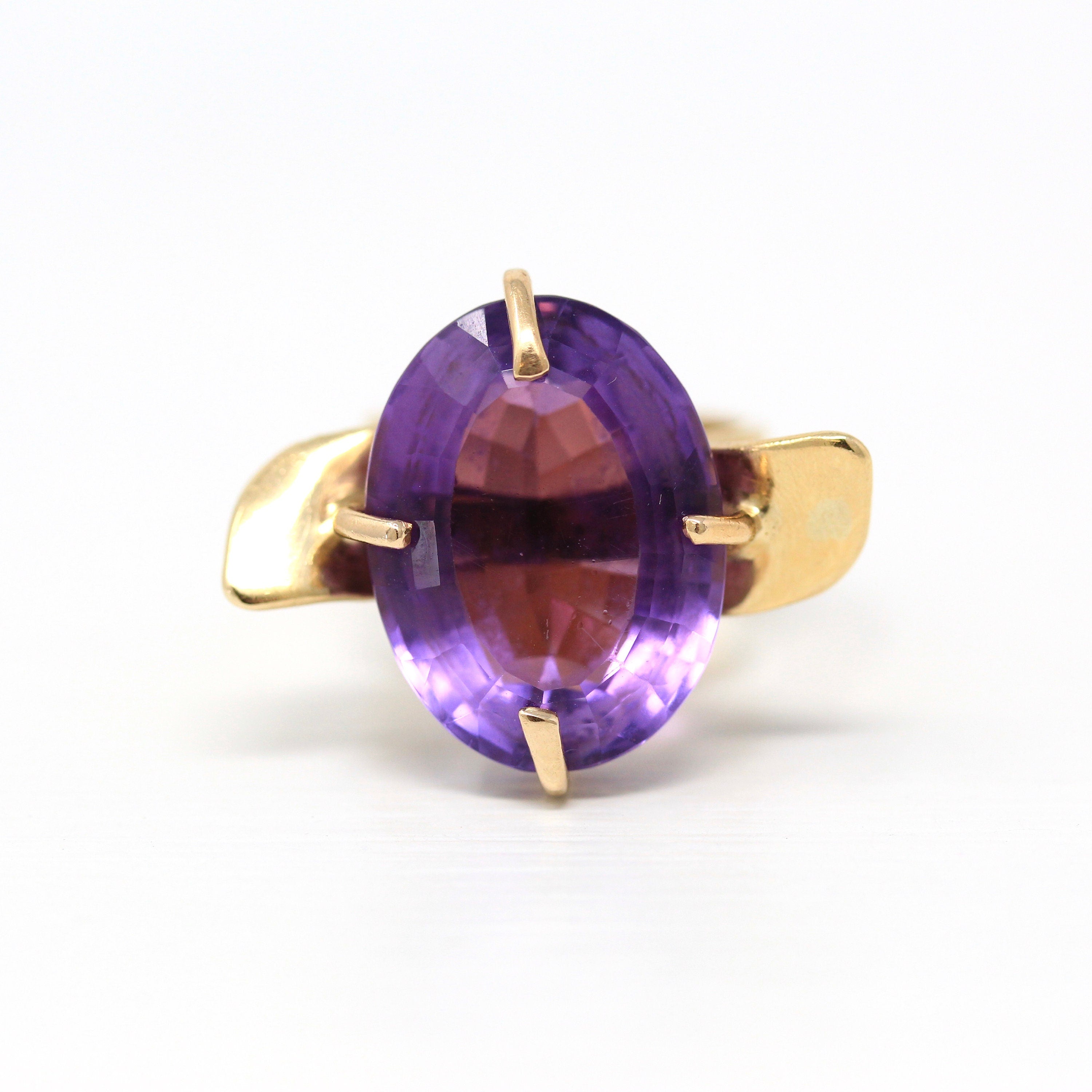 Sale - Genuine Amethyst Ring - Retro 14k Yellow Gold Purple Faceted 15.90 CT Gem - Vintage Circa 1970s Size 5 1/2 Maximalist Fine Jewelry