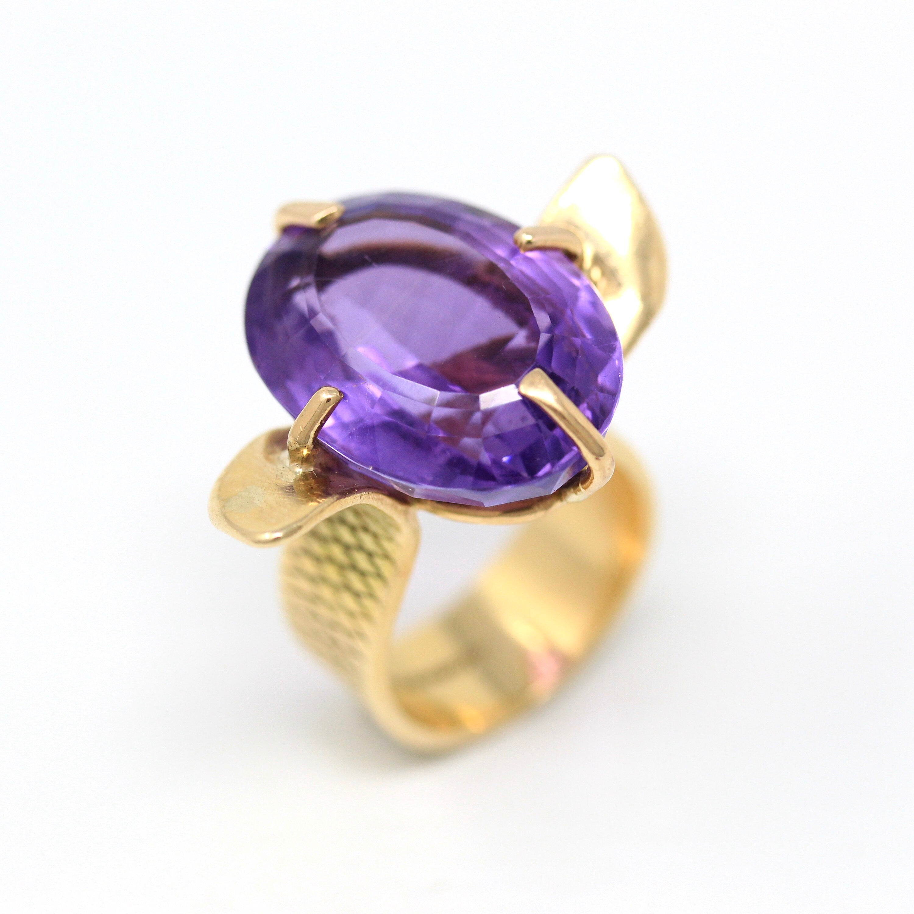 Sale - Genuine Amethyst Ring - Retro 14k Yellow Gold Purple Faceted 15.90 CT Gem - Vintage Circa 1970s Size 5 1/2 Maximalist Fine Jewelry