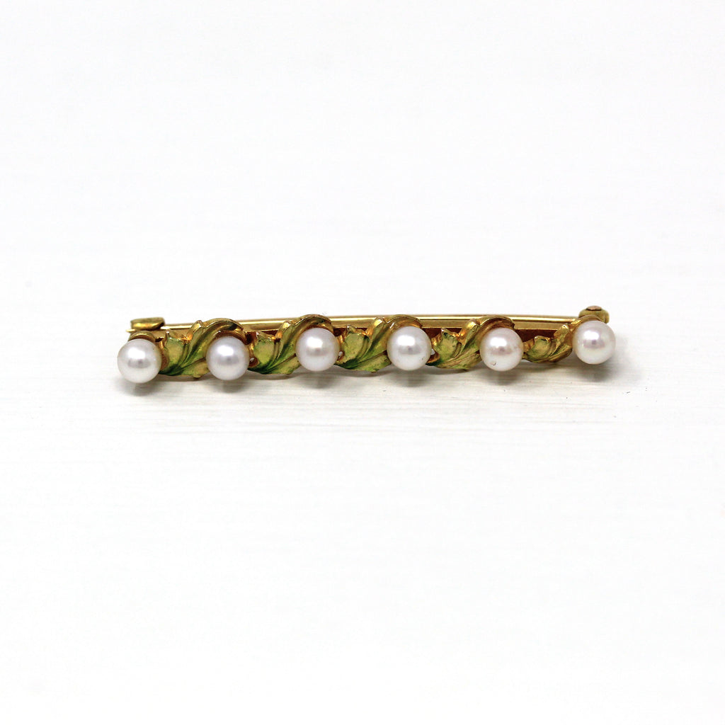 Sale - Art Nouveau Brooch - Antique 14k Yellow Gold Cultured Pearls Leaf Green Enamel Pin - Circa 1900s Fashion Accessory Krementz Jewelry