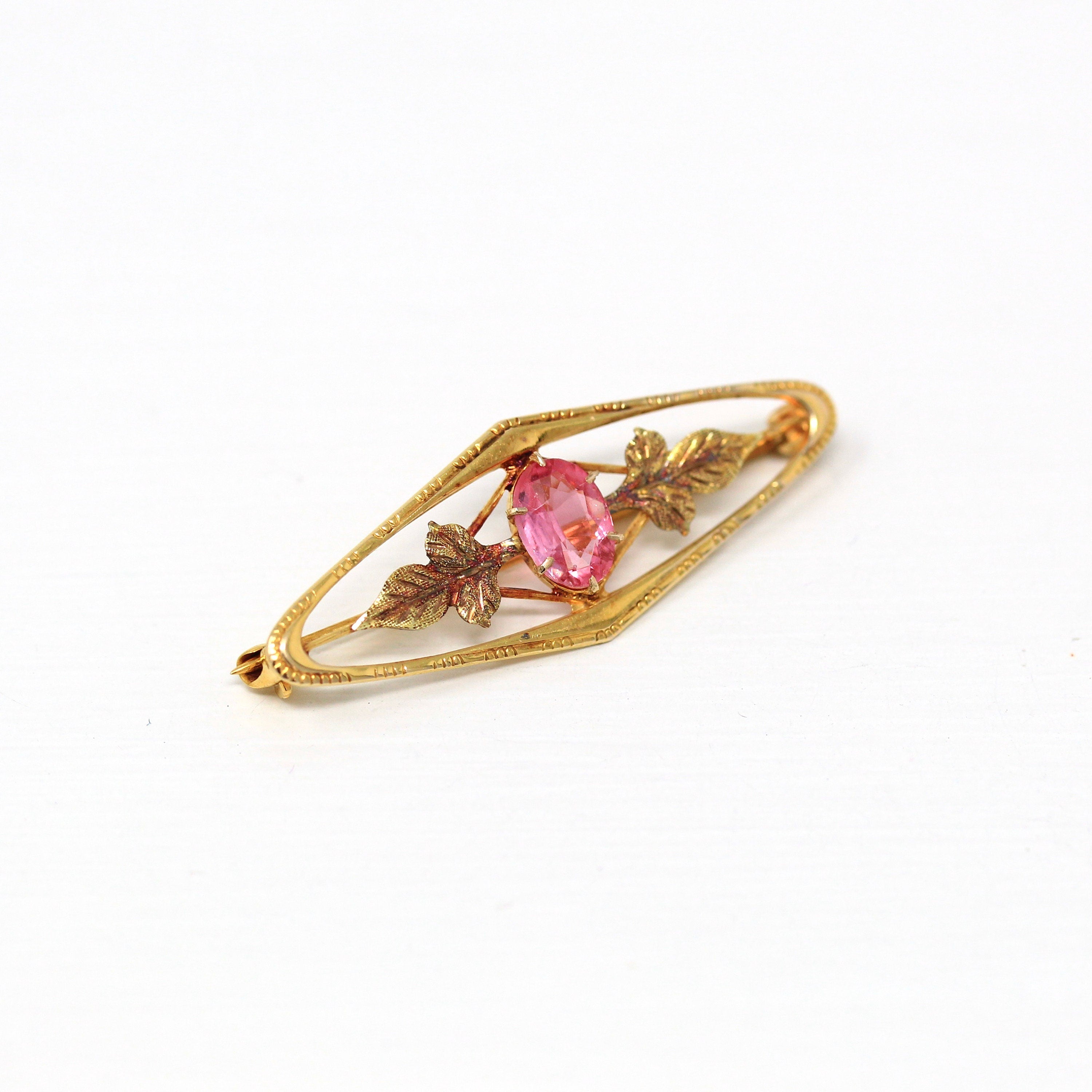 Sale - Vintage Brooch Accessory - Retro 10k Yellow Gold Simulated Pink Sapphire Stone Pin - Circa 1940s Leaf Motif Smith & Fisher Jewelry