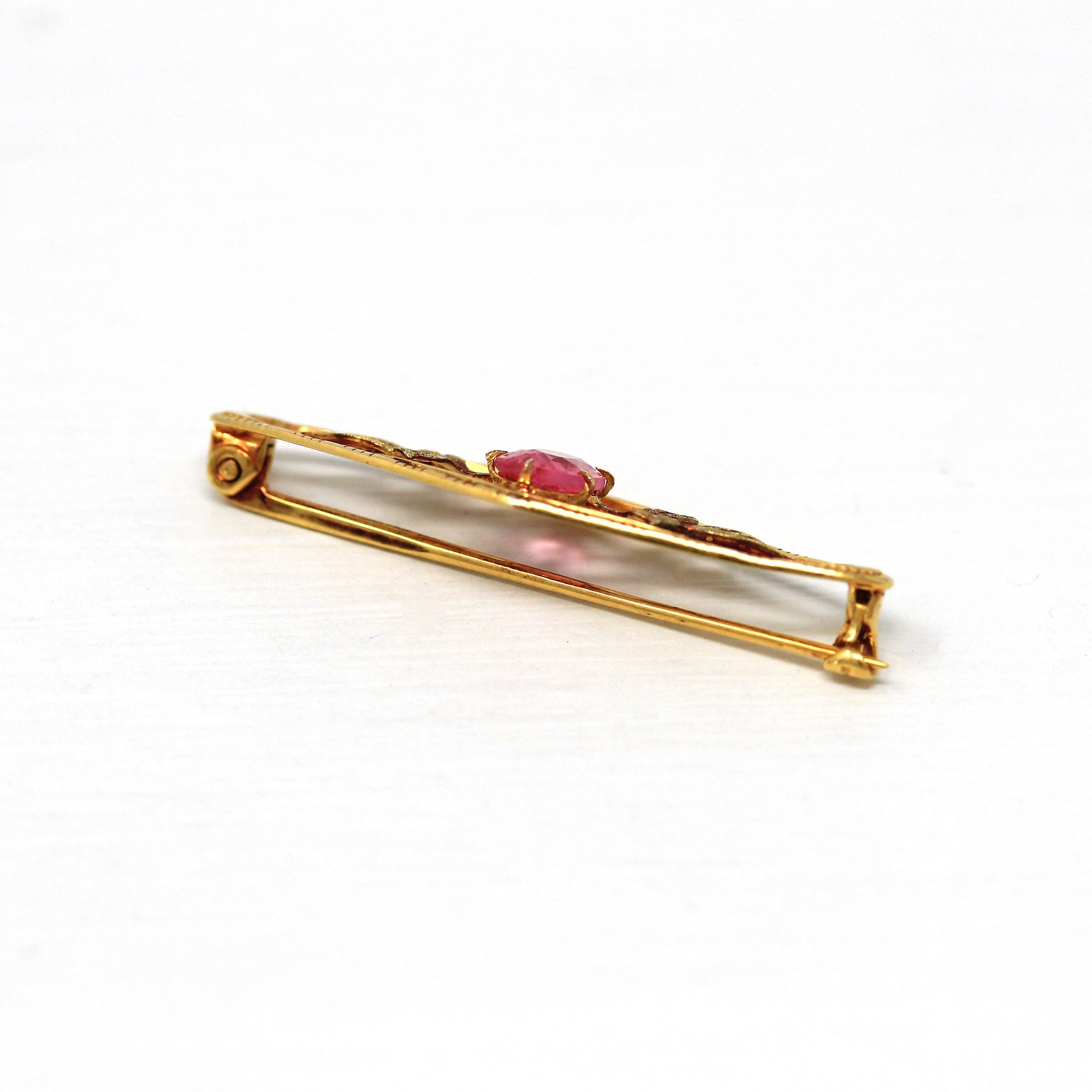 Sale - Vintage Brooch Accessory - Retro 10k Yellow Gold Simulated Pink Sapphire Stone Pin - Circa 1940s Leaf Motif Smith & Fisher Jewelry